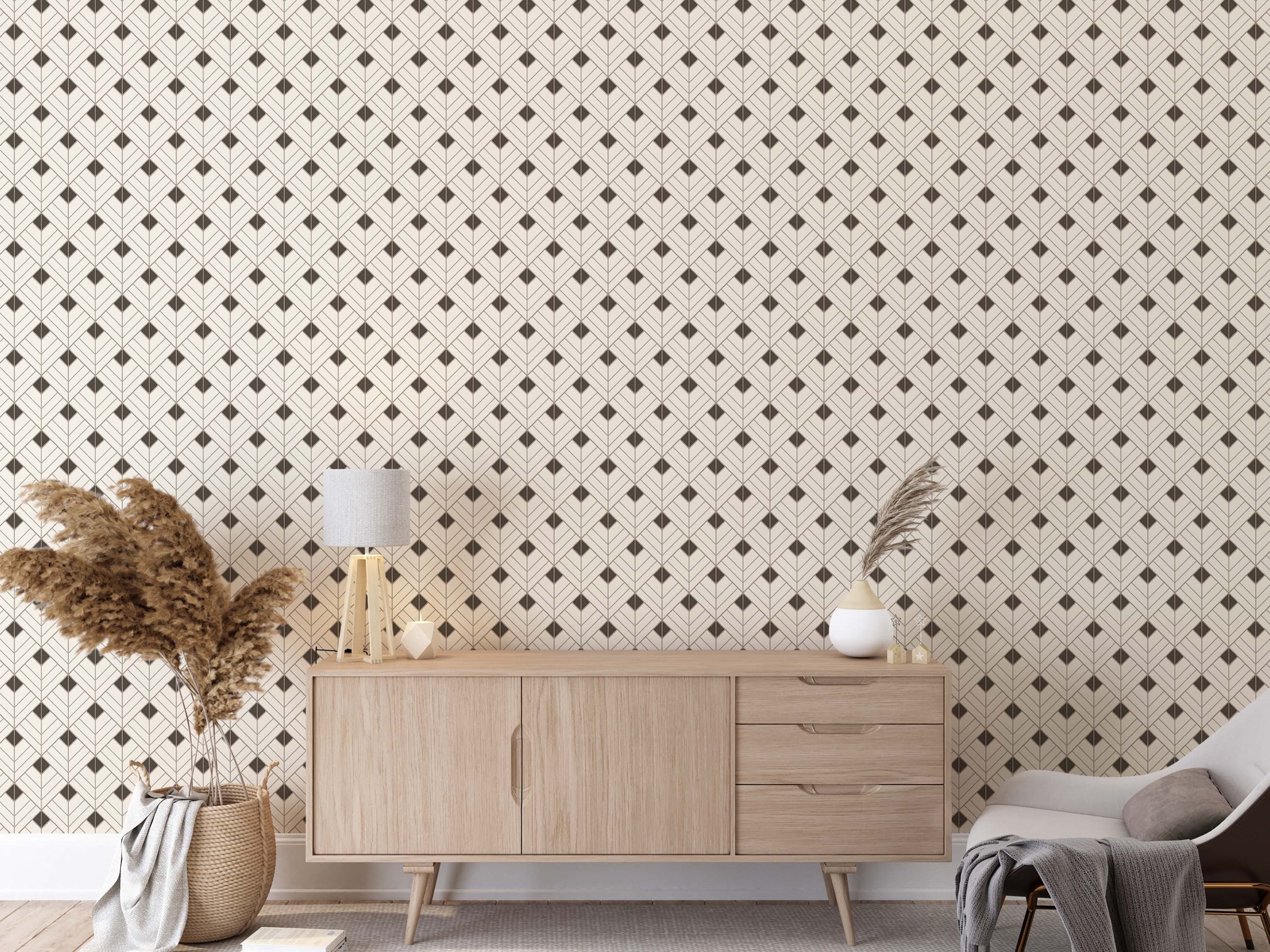 Wallpaper with a repeating geometric pattern of dark brown diamonds and nested chevrons on a cream background.