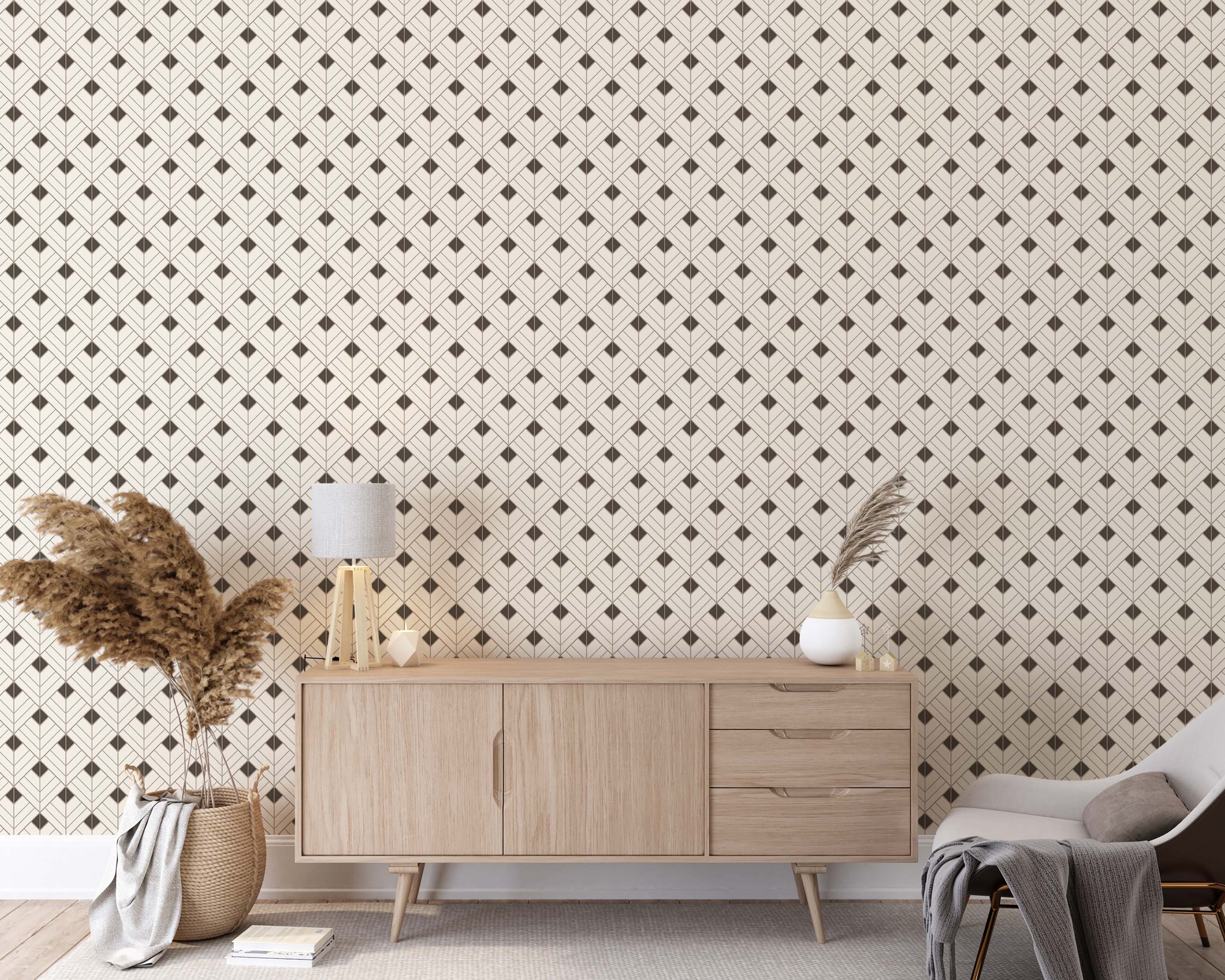 Wallpaper with a repeating geometric pattern of dark brown diamonds and nested chevrons on a cream background.