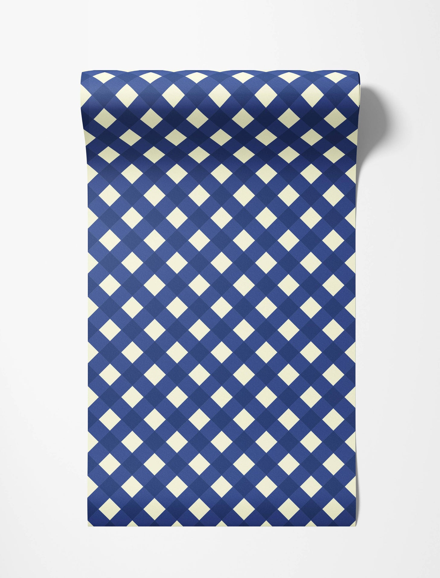 Wallpaper with a diagonal plaid pattern in shades of blue and cream, forming interlocking diamonds.
