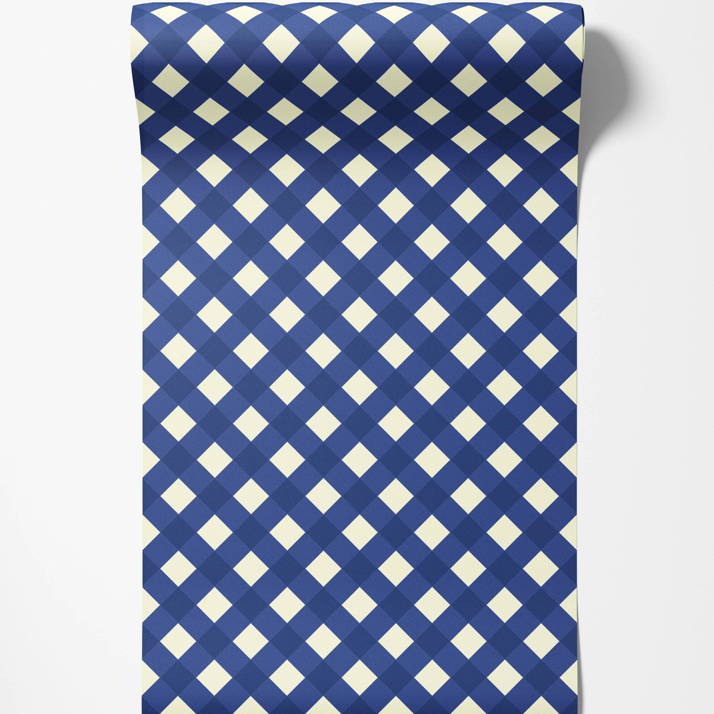 Wallpaper with a diagonal plaid pattern in shades of blue and cream, forming interlocking diamonds.