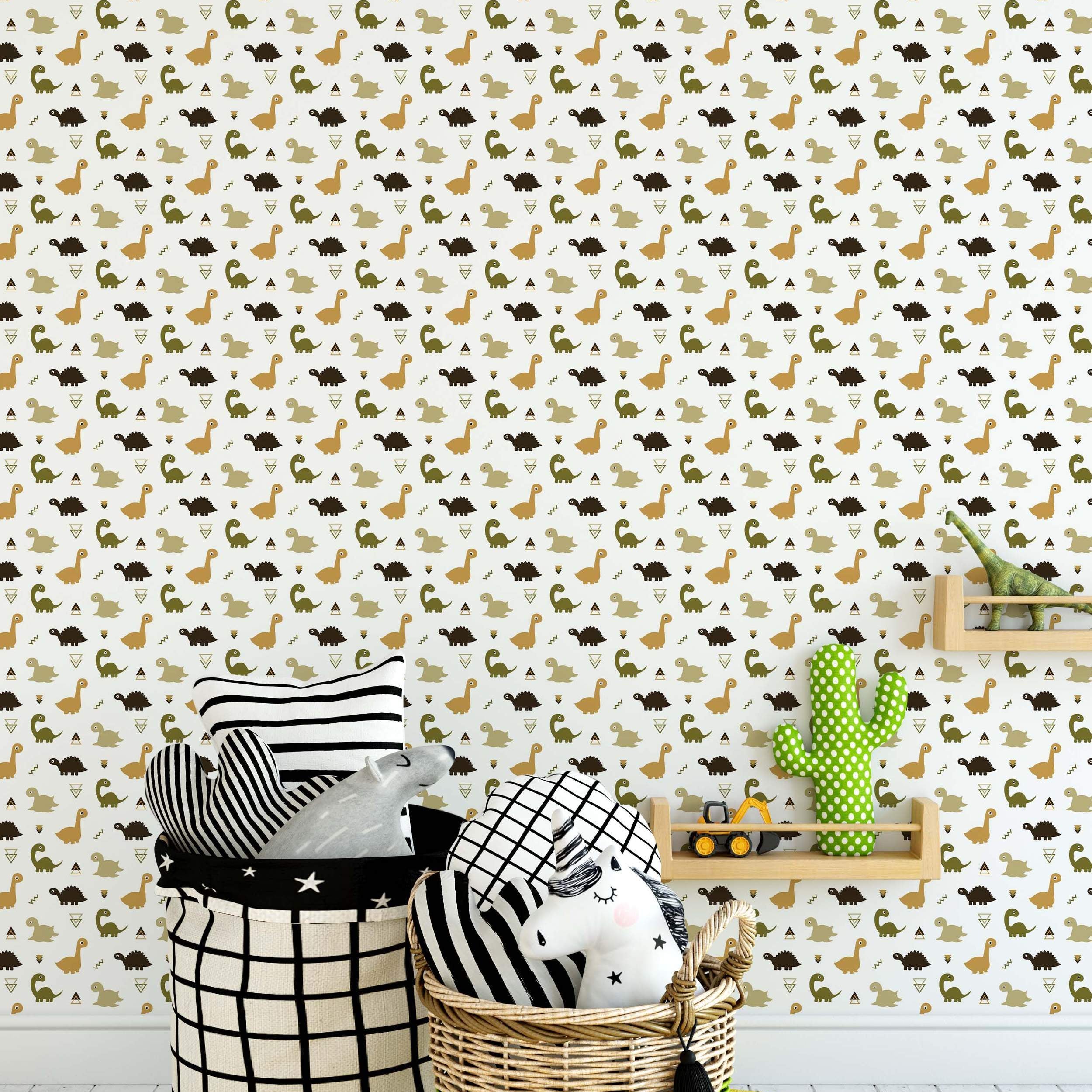 Wallpaper featuring a repeating pattern of cute cartoon dinosaurs in brown, green, and tan, with small geometric accents.