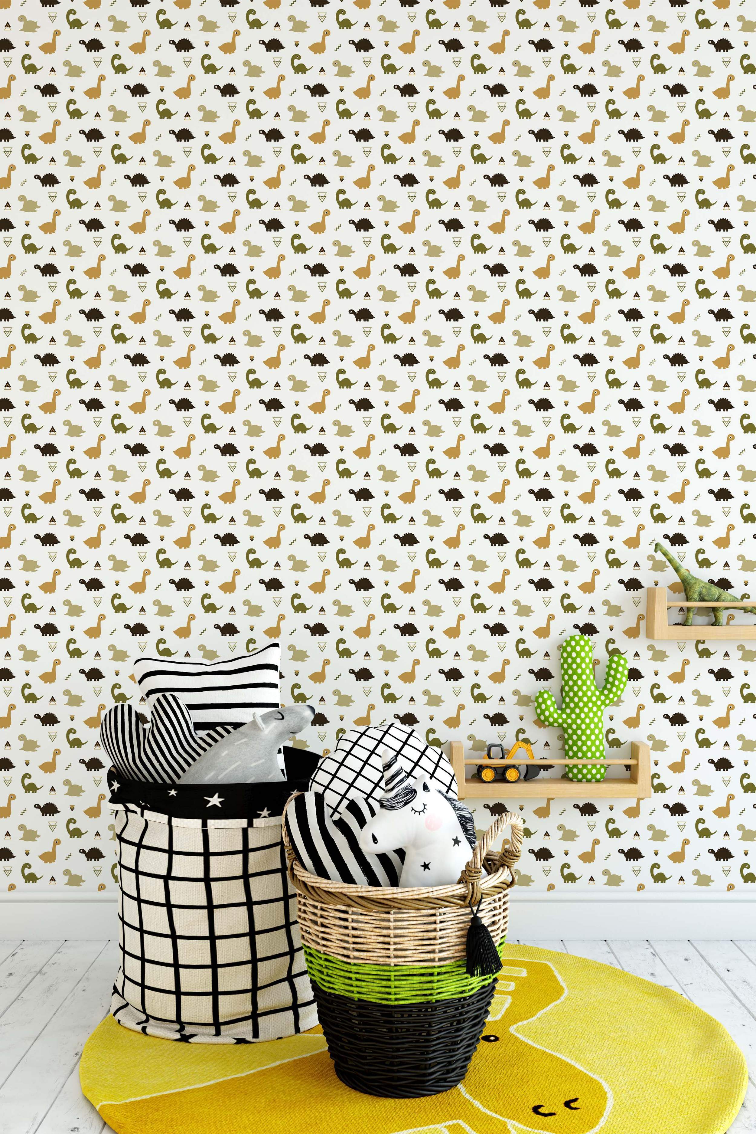 Wallpaper featuring a repeating pattern of cute cartoon dinosaurs in brown, green, and tan, with small geometric accents.