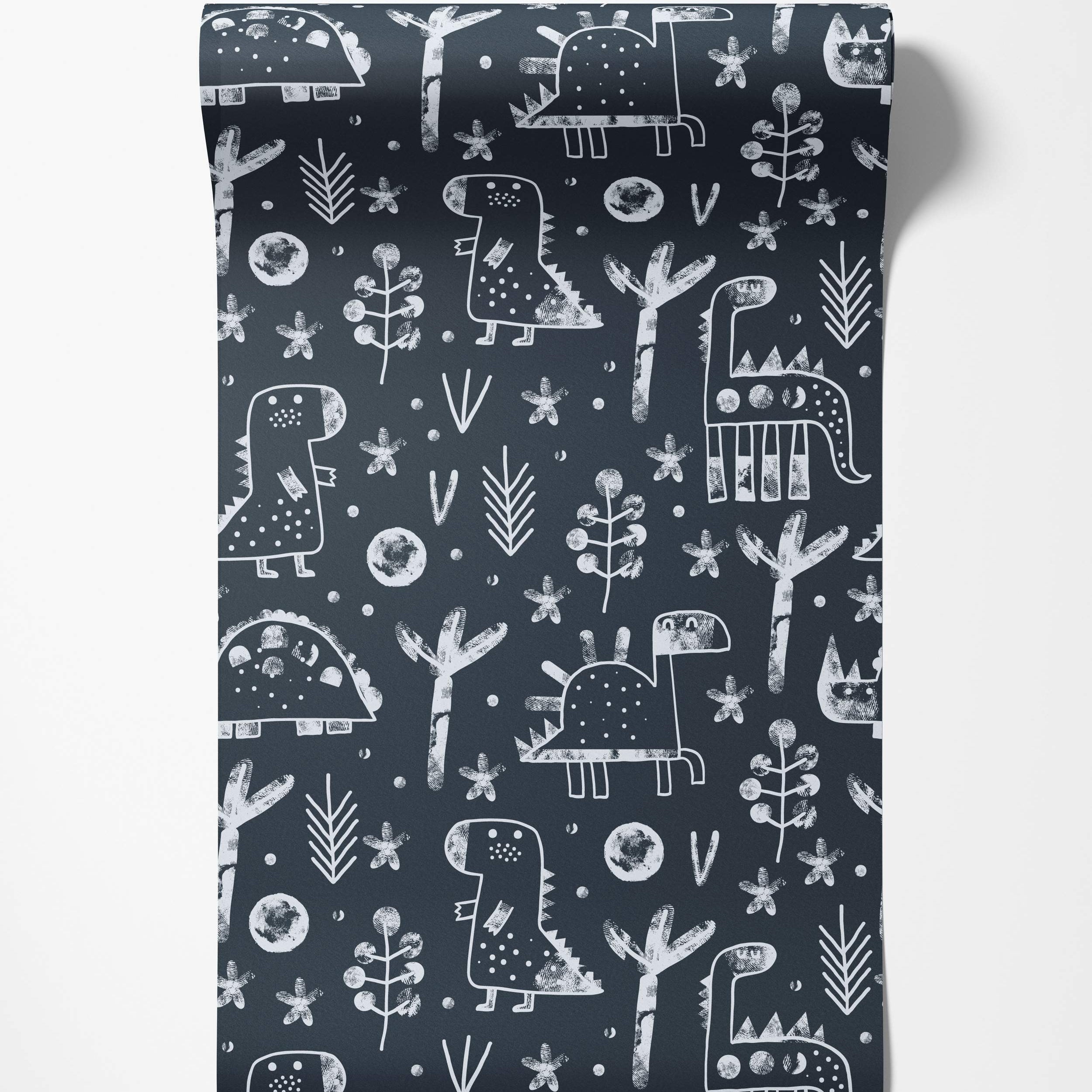 Dark blue wallpaper with a white block-print pattern of stylized dinosaurs, trees, and flowers.