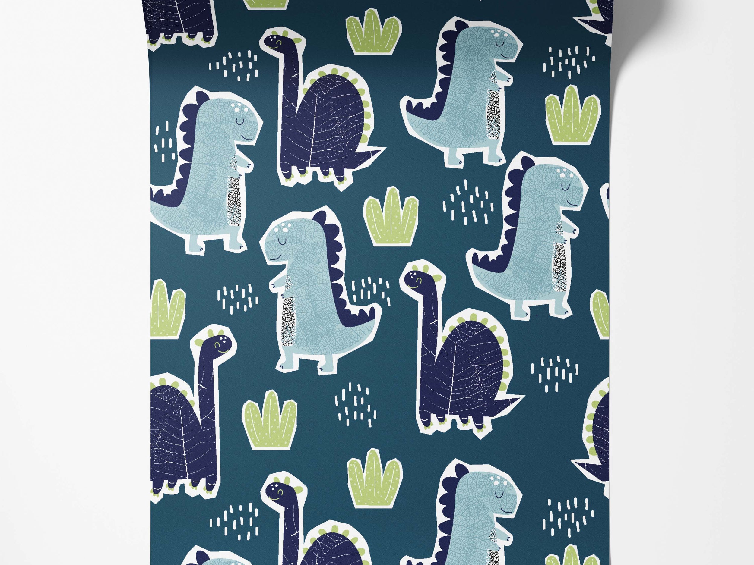 Wallpaper with light and dark blue cartoon dinosaurs, green plants, and white dashes on a dark teal background.
