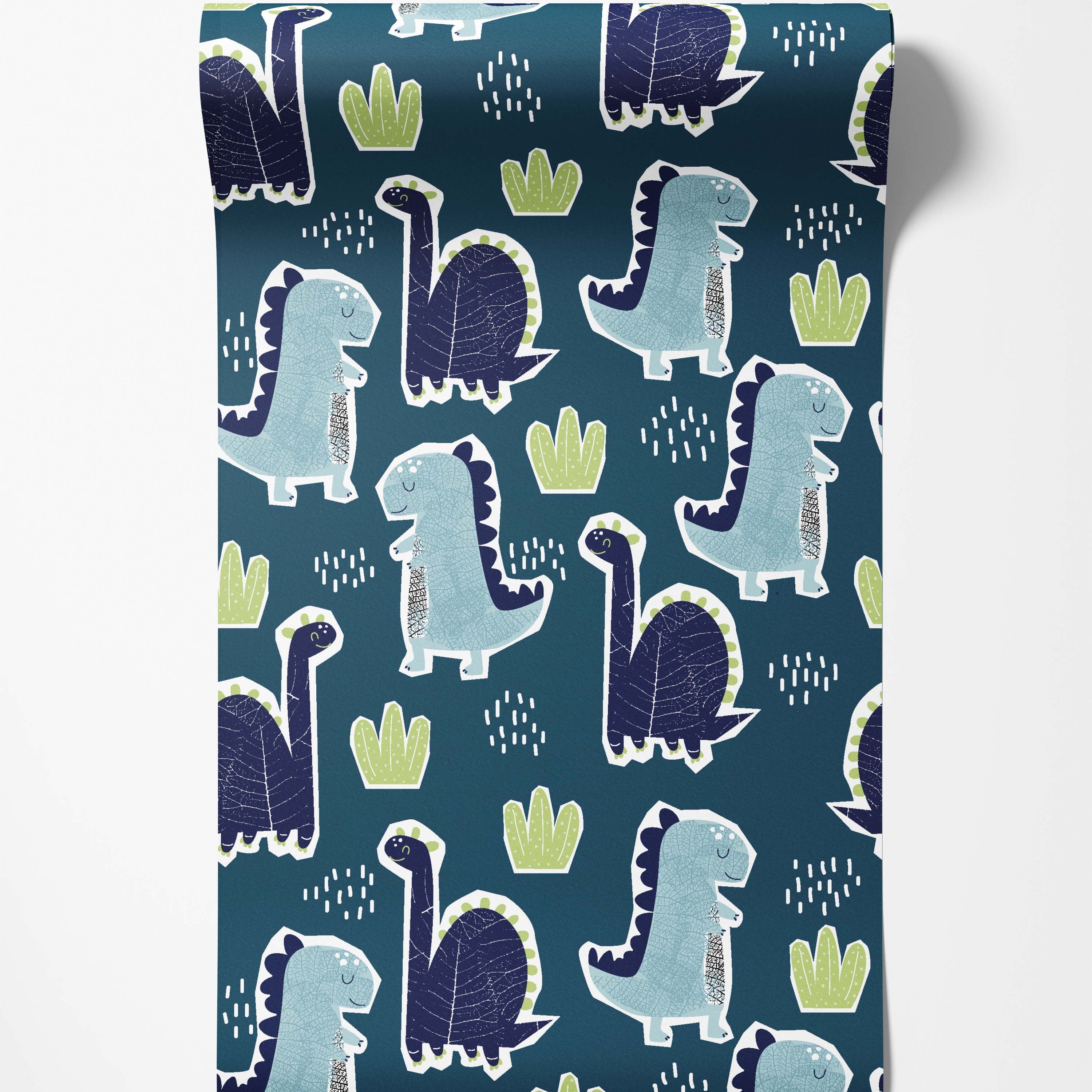 Wallpaper with light and dark blue cartoon dinosaurs, green plants, and white dashes on a dark teal background.