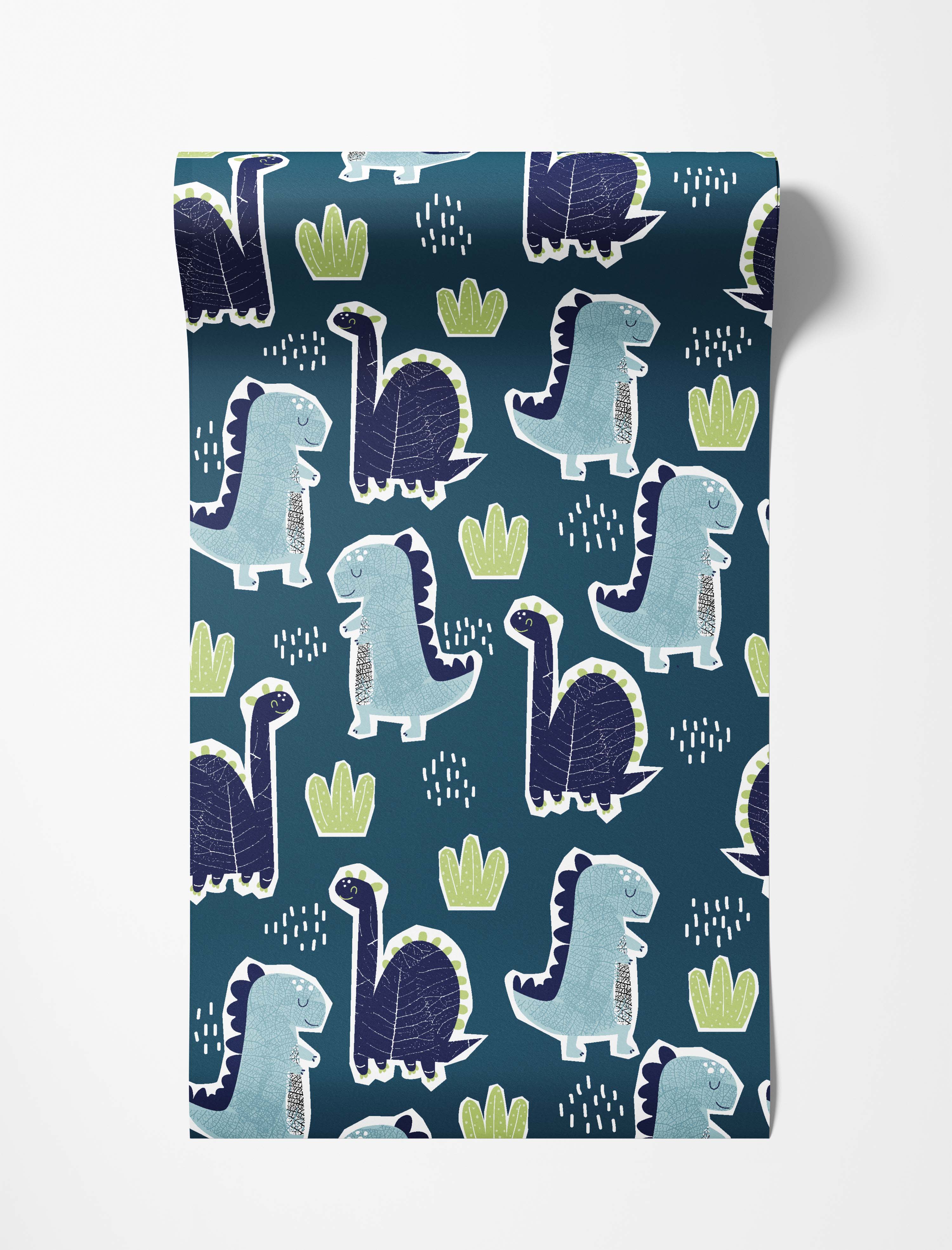 Wallpaper with light and dark blue cartoon dinosaurs, green plants, and white dashes on a dark teal background.