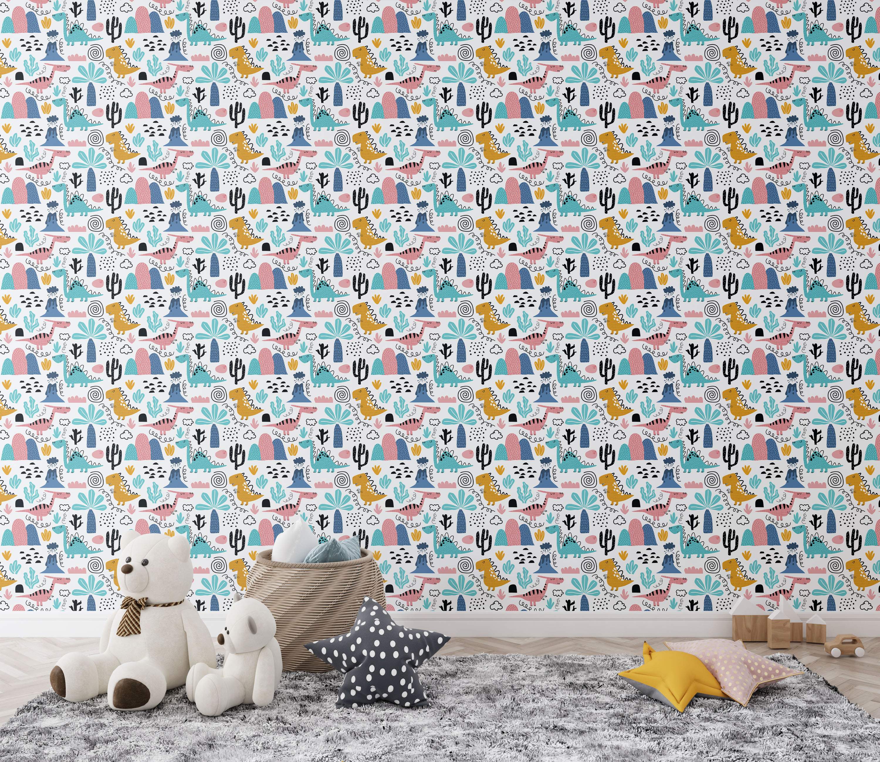 Cute dinosaur wallpaper with repeating cartoon dinos in blue, pink, yellow, plus cacti, volcanoes, and mountains.