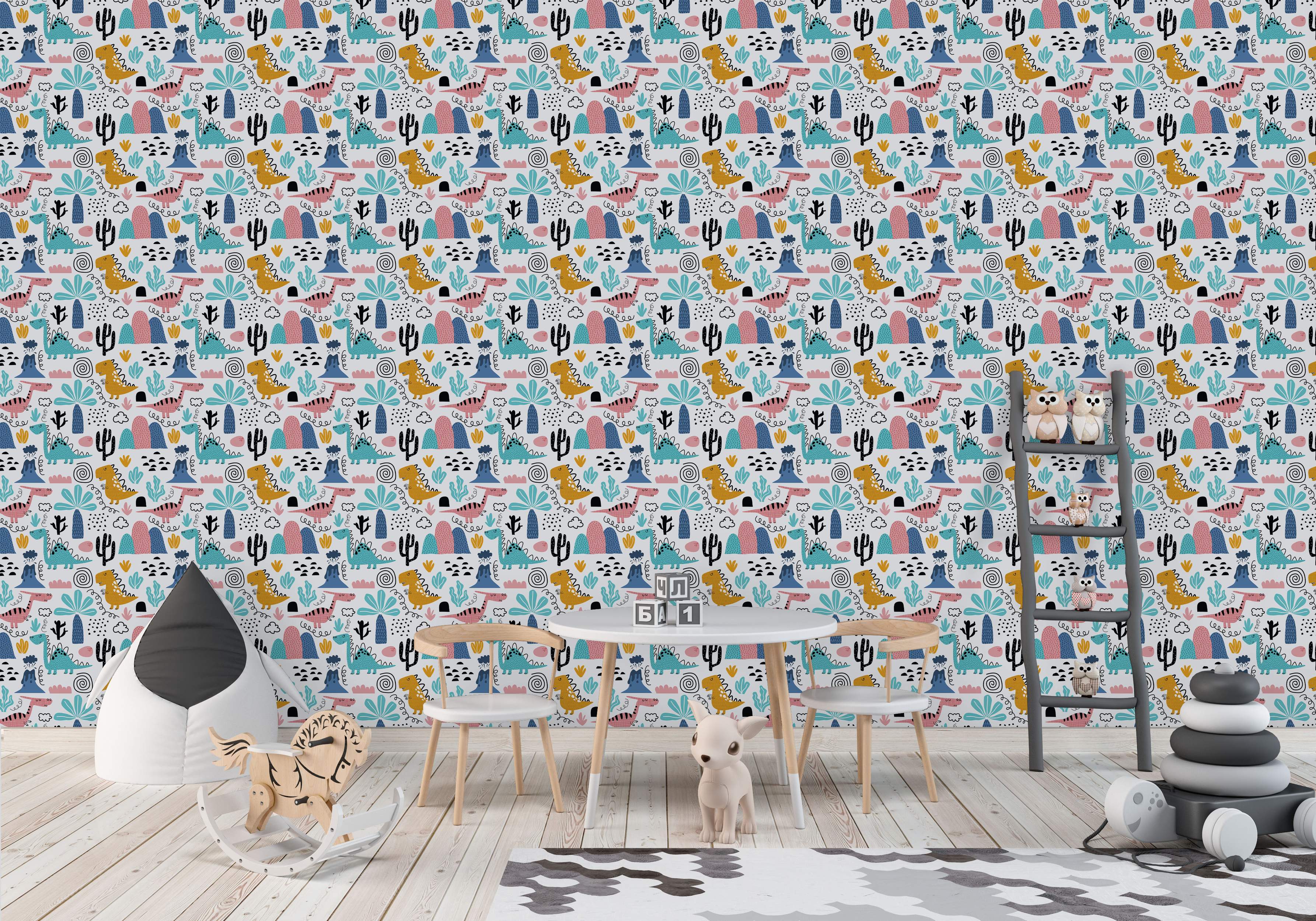 Playful wallpaper with cartoon dinosaurs, cacti, volcanoes, and abstract shapes in teal, pink, yellow, and blue on a light grey base.