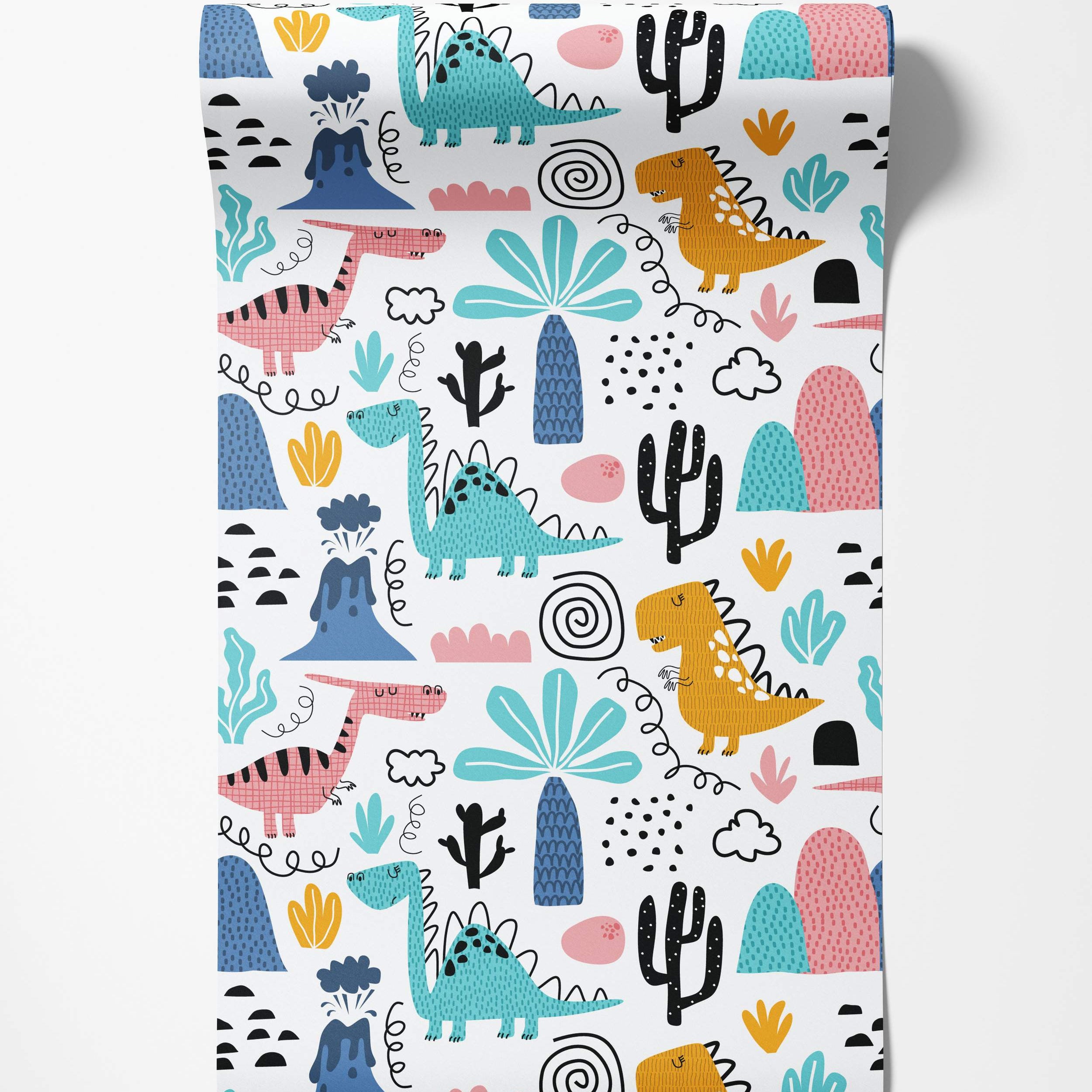 Playful kids wallpaper with cartoon dinosaurs, volcanoes, cacti, and abstract shapes in pink, blue, yellow, and black on white.