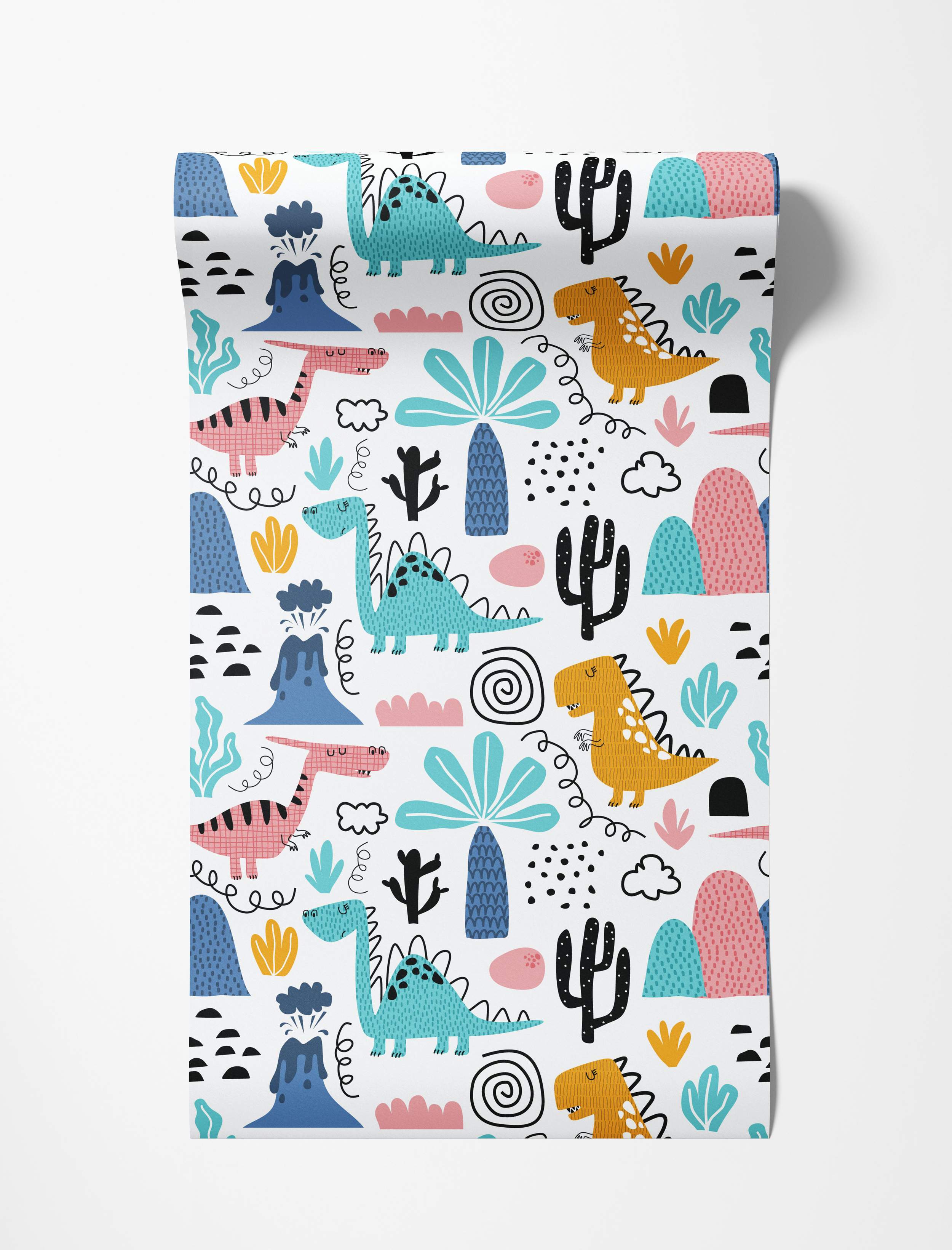 Playful kids wallpaper with cartoon dinosaurs, volcanoes, cacti, and abstract shapes in pink, blue, yellow, and black on white.