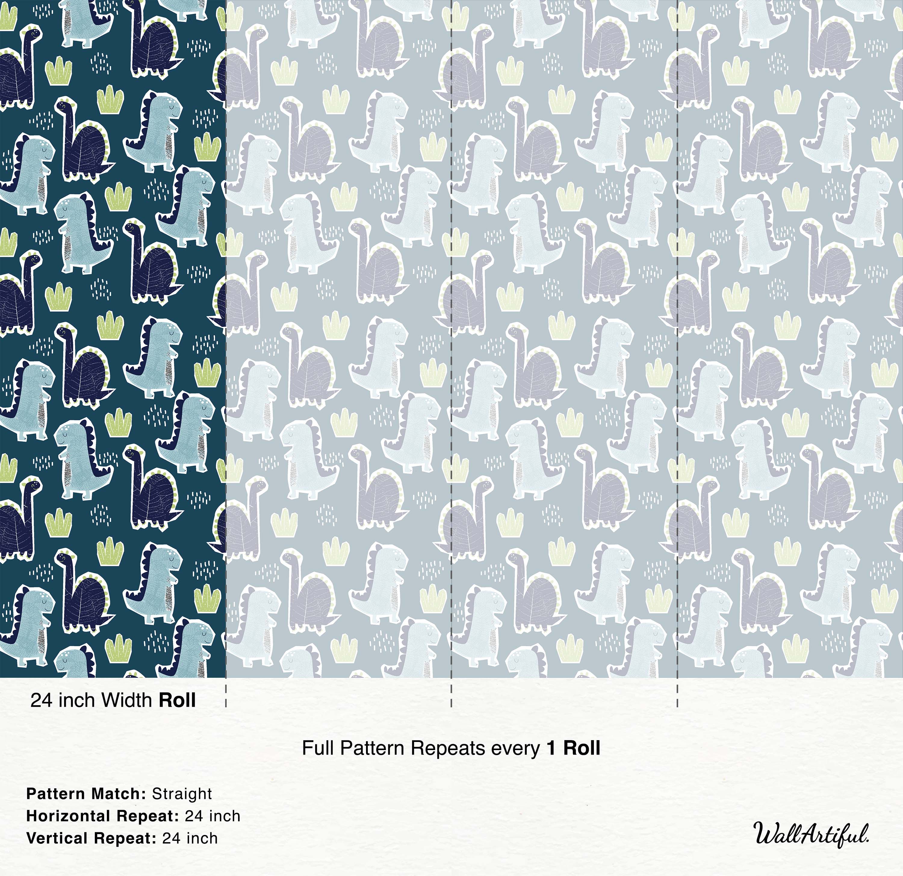 Wallpaper featuring stylized T-rex and brontosaurus dinosaurs with plants, in blue/green and purple/yellow color schemes.