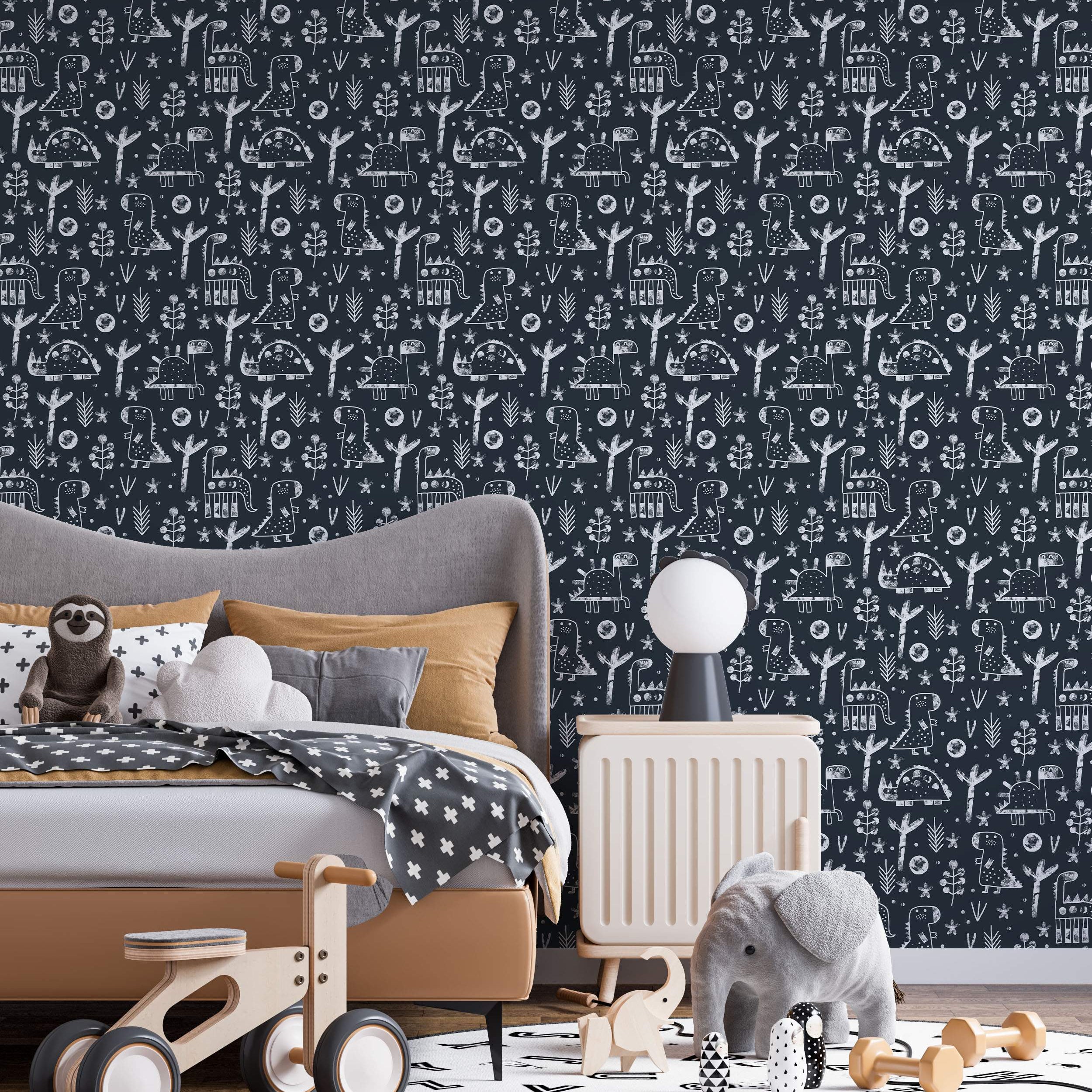 Navy blue wallpaper with a repeating pattern of white chalk-style dinosaurs, trees, flowers, and abstract shapes.