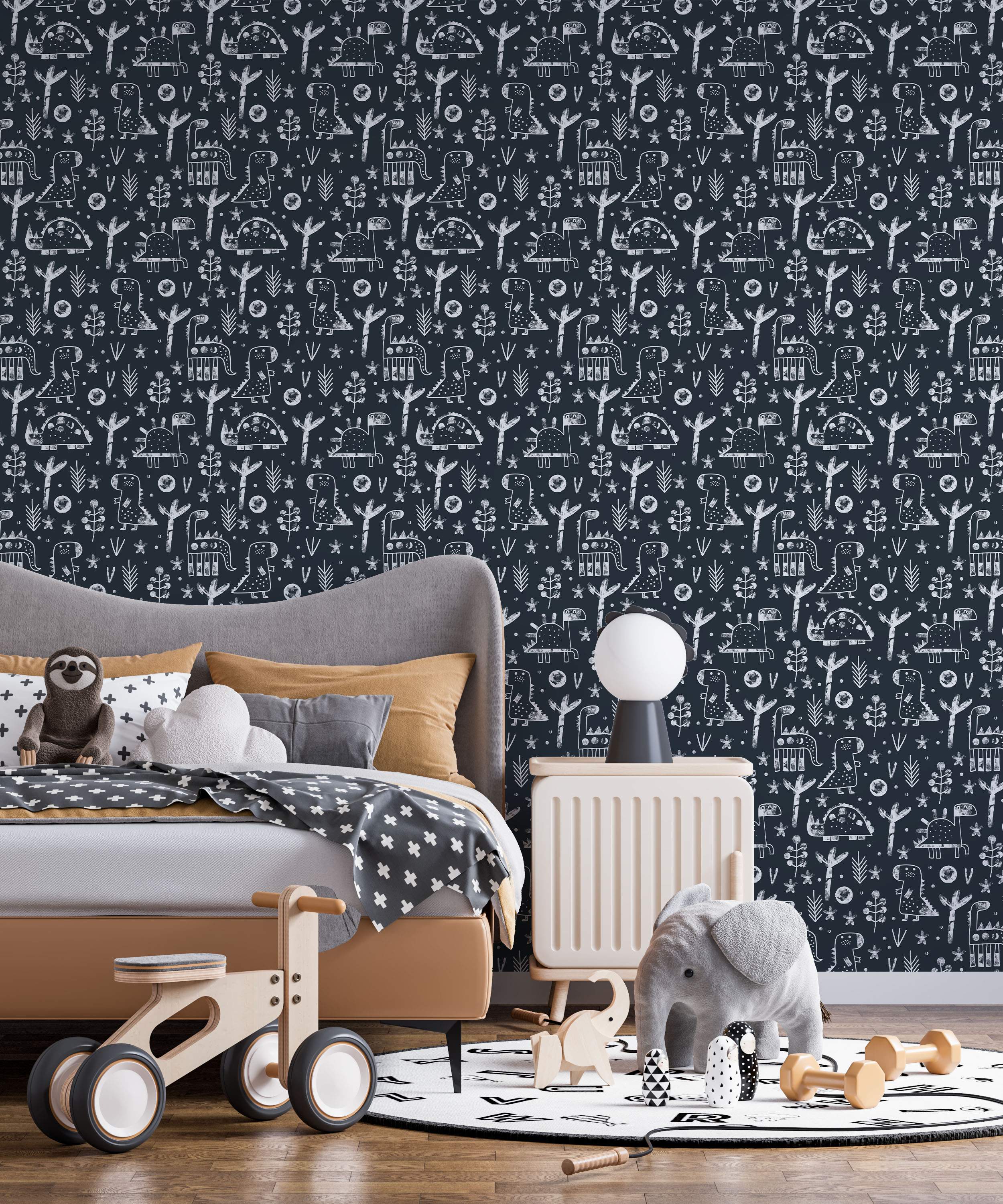 Navy blue wallpaper with a repeating pattern of white chalk-style dinosaurs, trees, flowers, and abstract shapes.