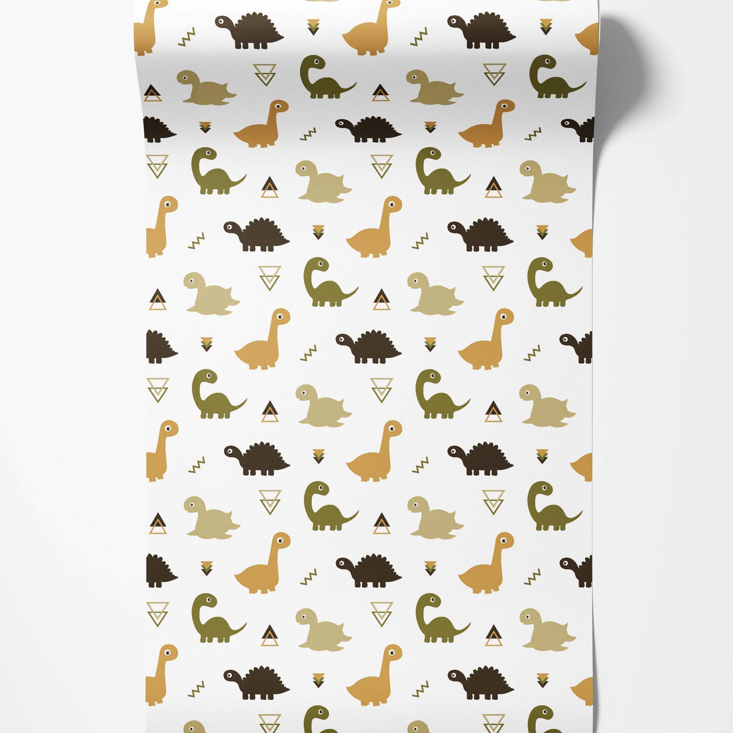 Cute dinosaur wallpaper featuring brown, green, and ochre dinos with geometric shapes on a white background.