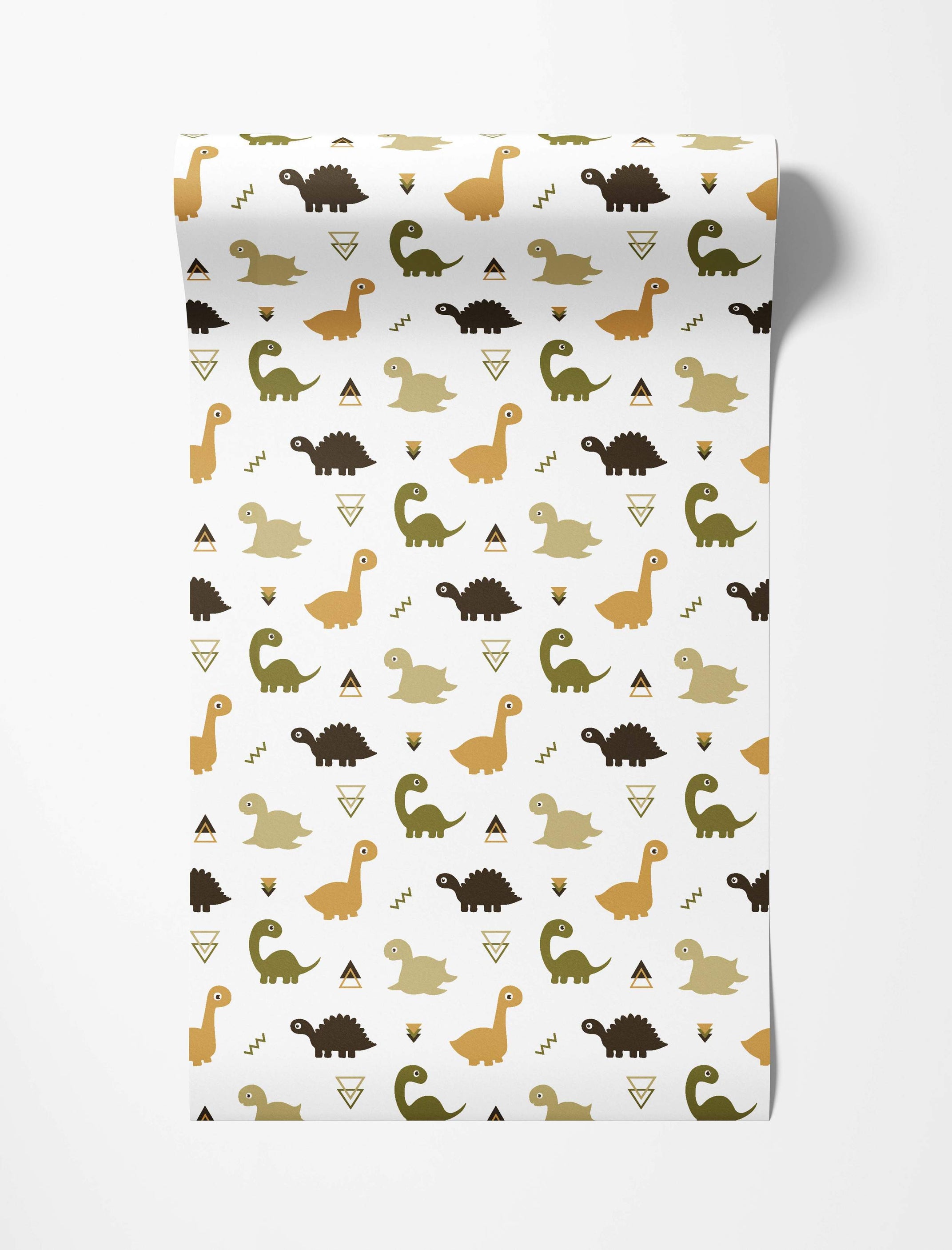 Cute dinosaur wallpaper featuring brown, green, and ochre dinos with geometric shapes on a white background.
