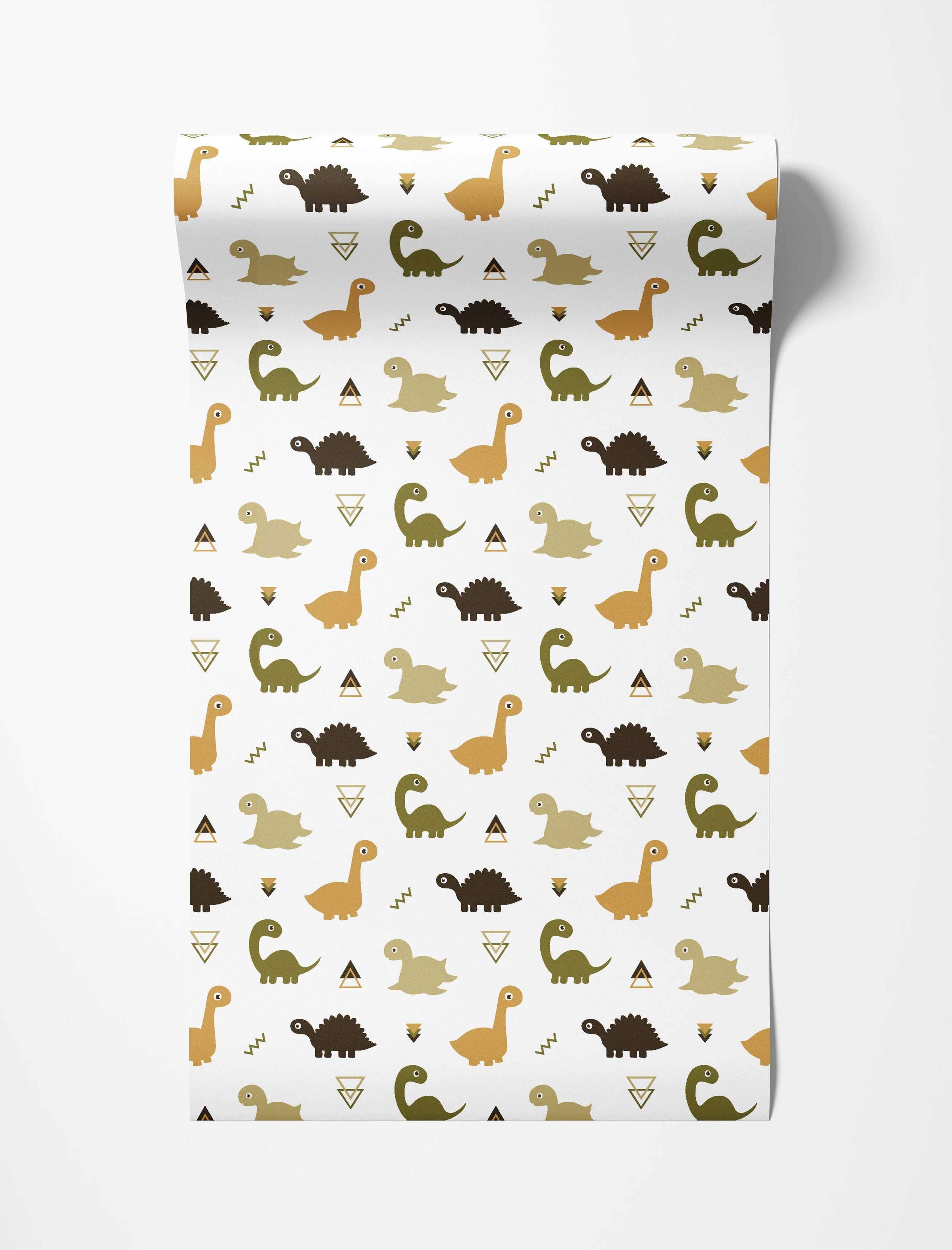 Cute dinosaur wallpaper featuring brown, green, and ochre dinos with geometric shapes on a white background.