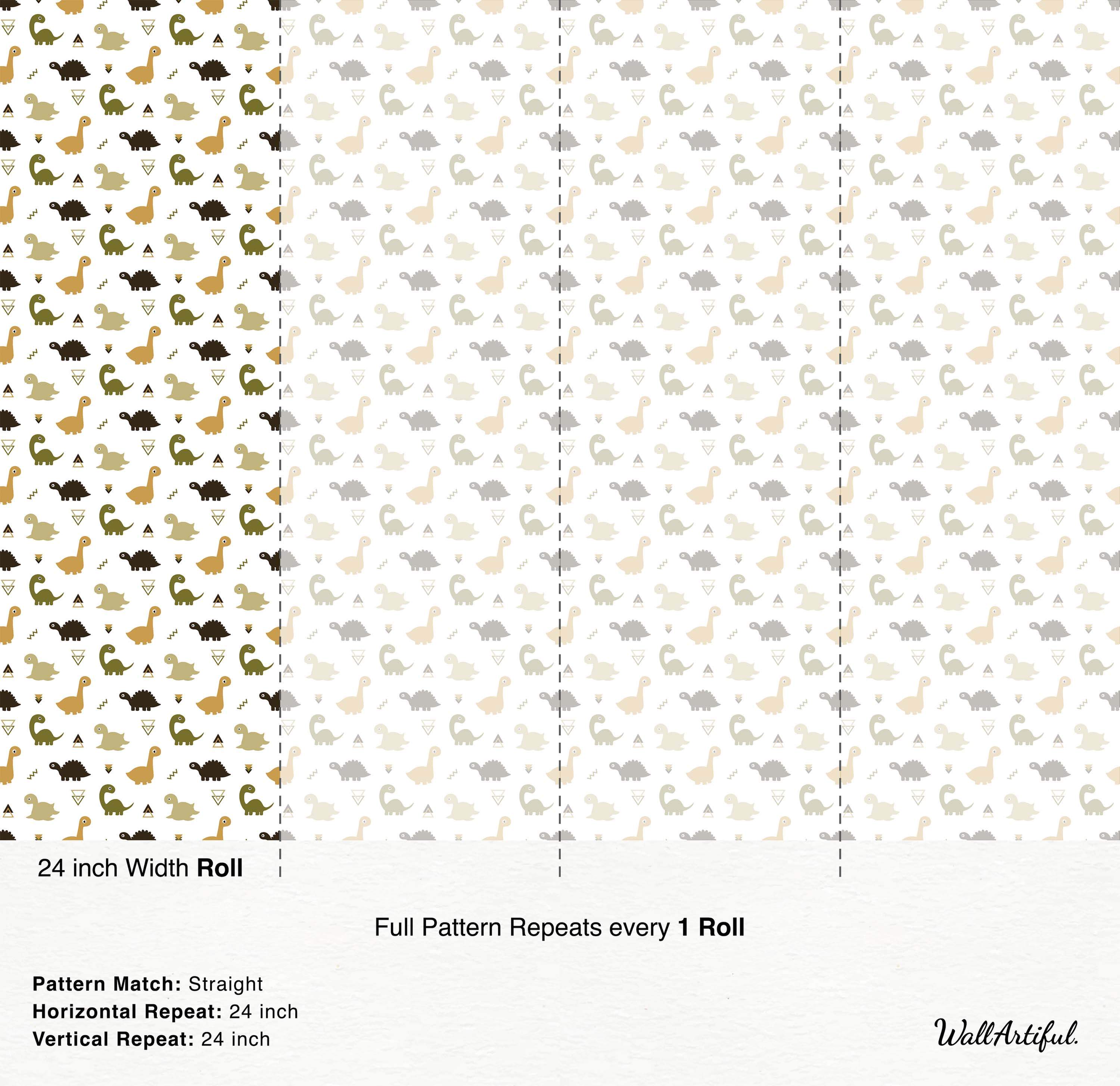 Cute cartoon dinosaur wallpaper featuring various dinosaurs in green, brown, beige, and gray with small geometric accents.