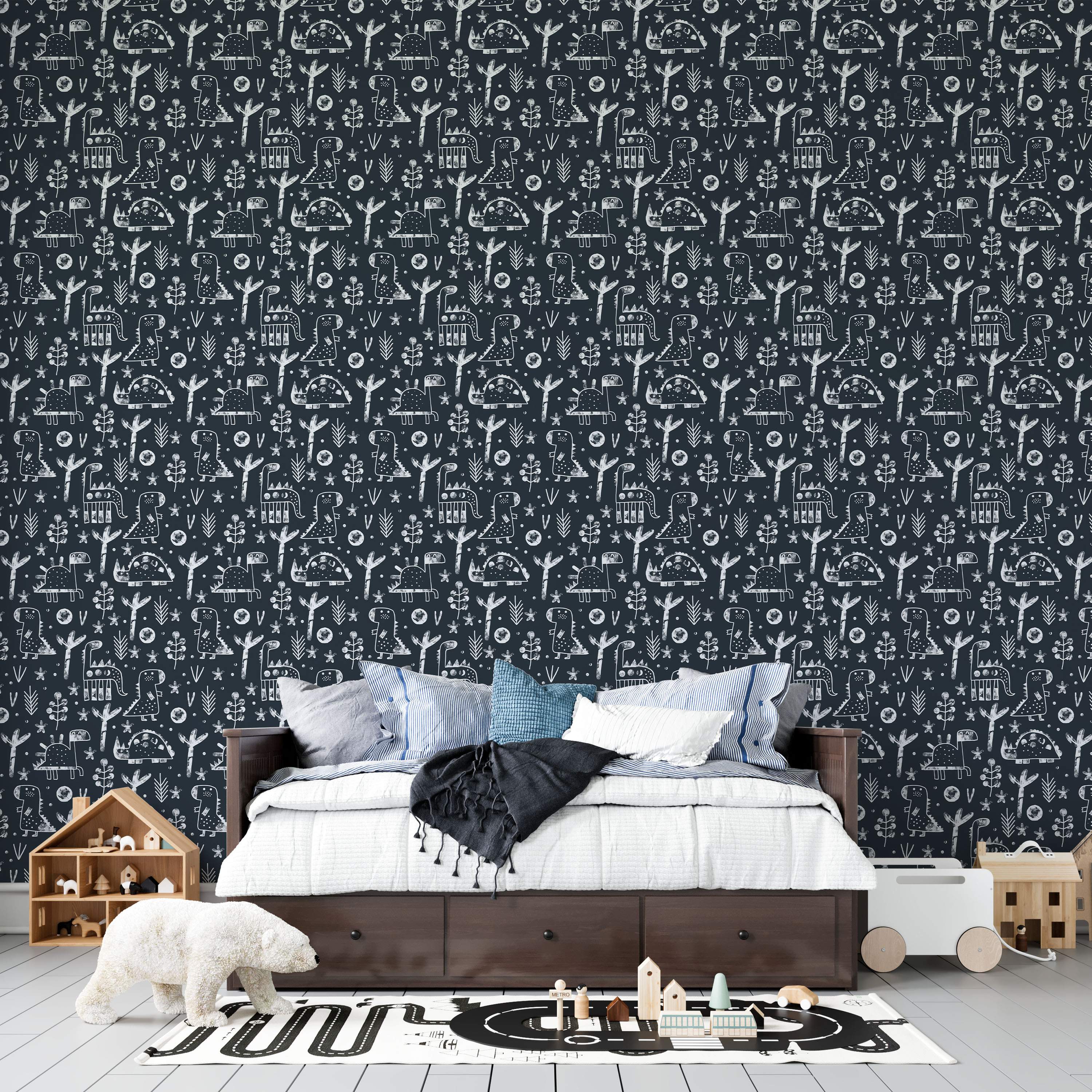 Wallpaper with a repeating pattern of white, chalk-style illustrated dinosaurs, trees, and plants on a dark charcoal background.
