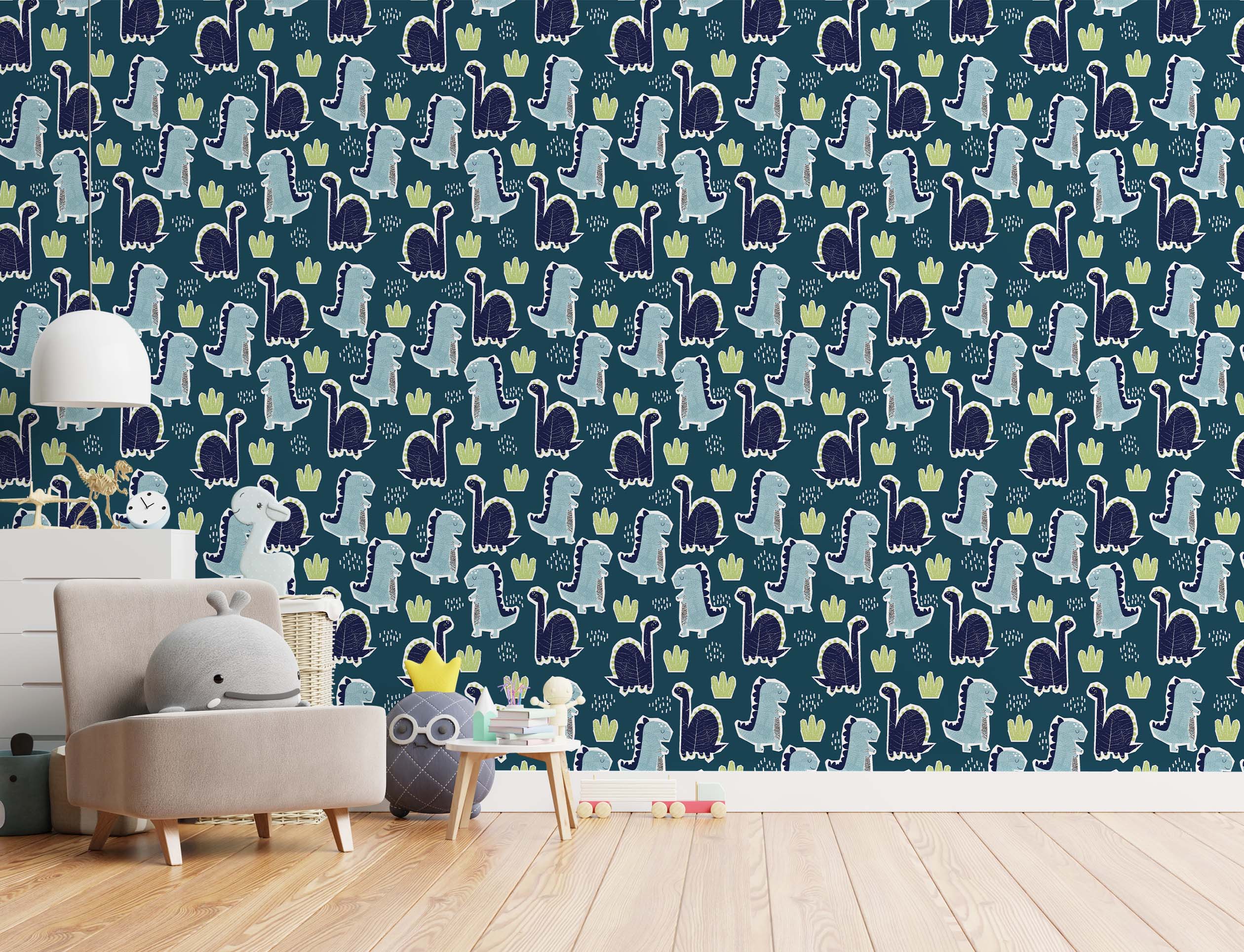 Wallpaper with a repeating pattern of light blue and dark blue cartoon dinosaurs on a dark teal background with green grass accents.
