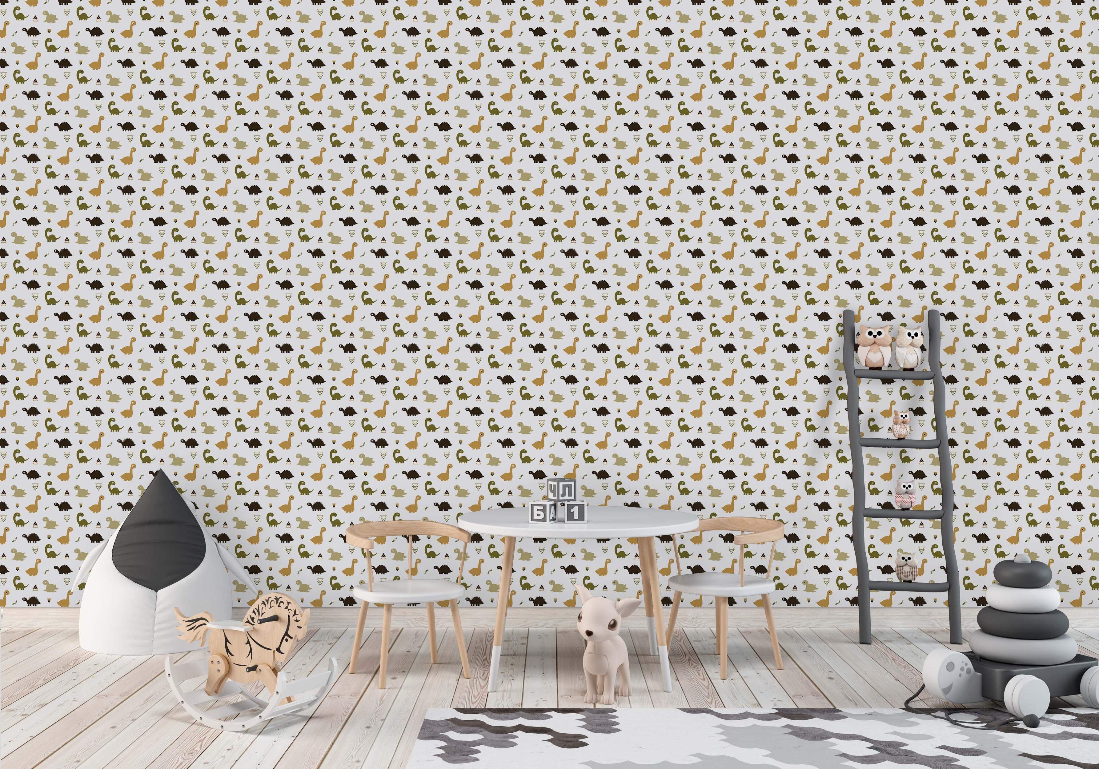 Wallpaper featuring a repeating pattern of cute cartoon dinosaurs in beige, olive green, and dark brown on a light grey background.