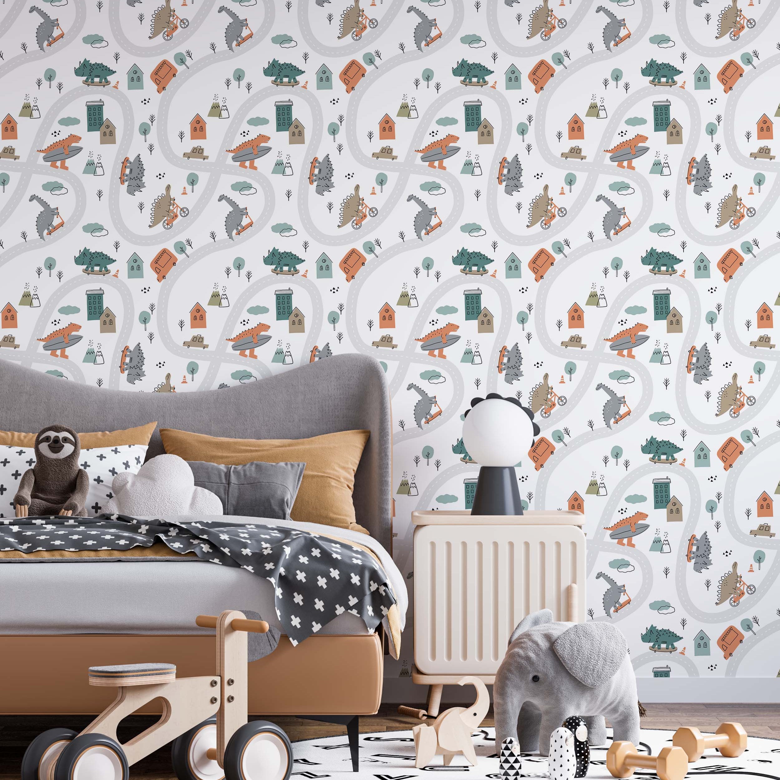 A playful kids wallpaper with cartoon dinosaurs skateboarding and biking on winding grey roads through a town with simple houses.
