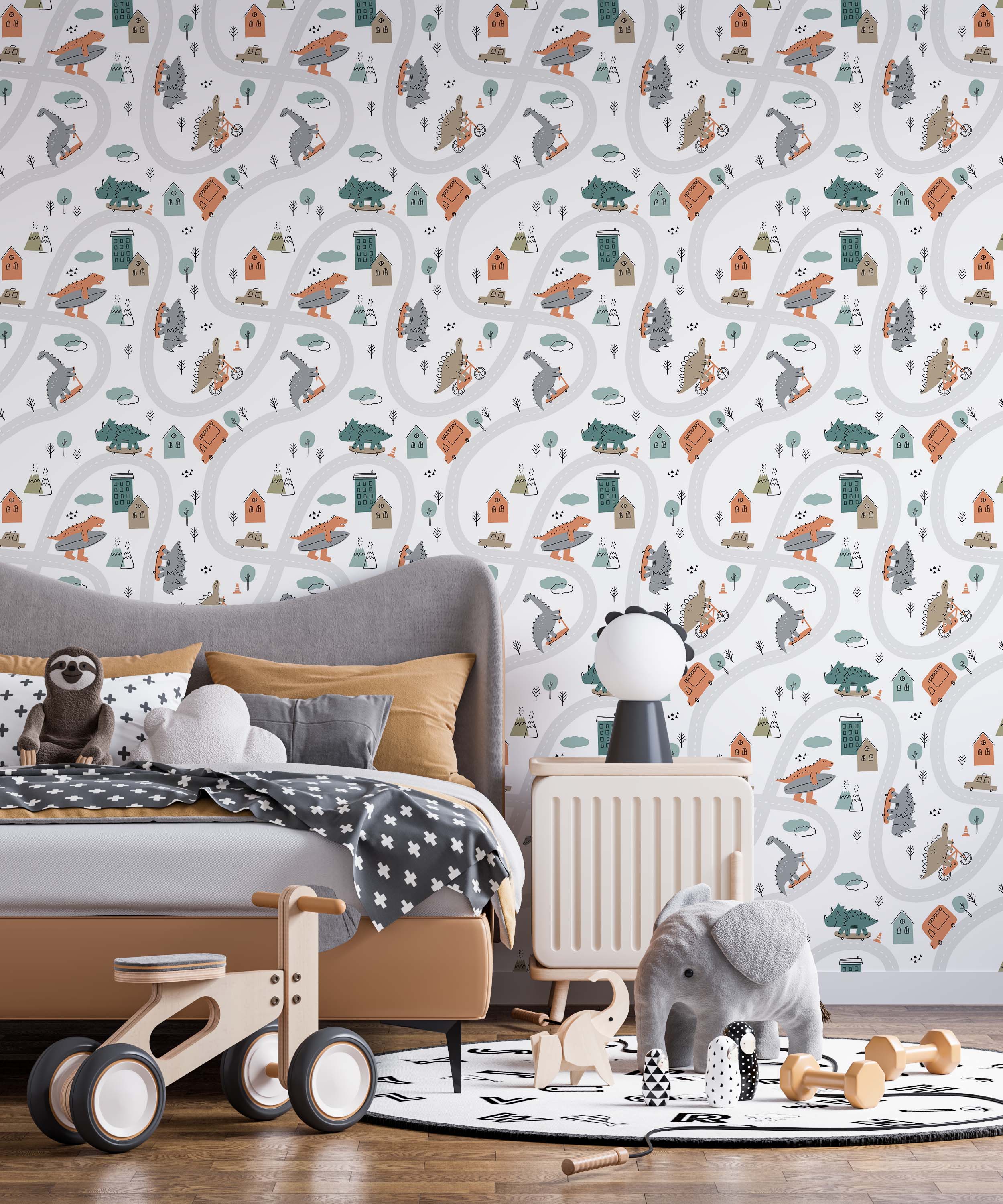 A playful kids wallpaper with cartoon dinosaurs skateboarding and biking on winding grey roads through a town with simple houses.