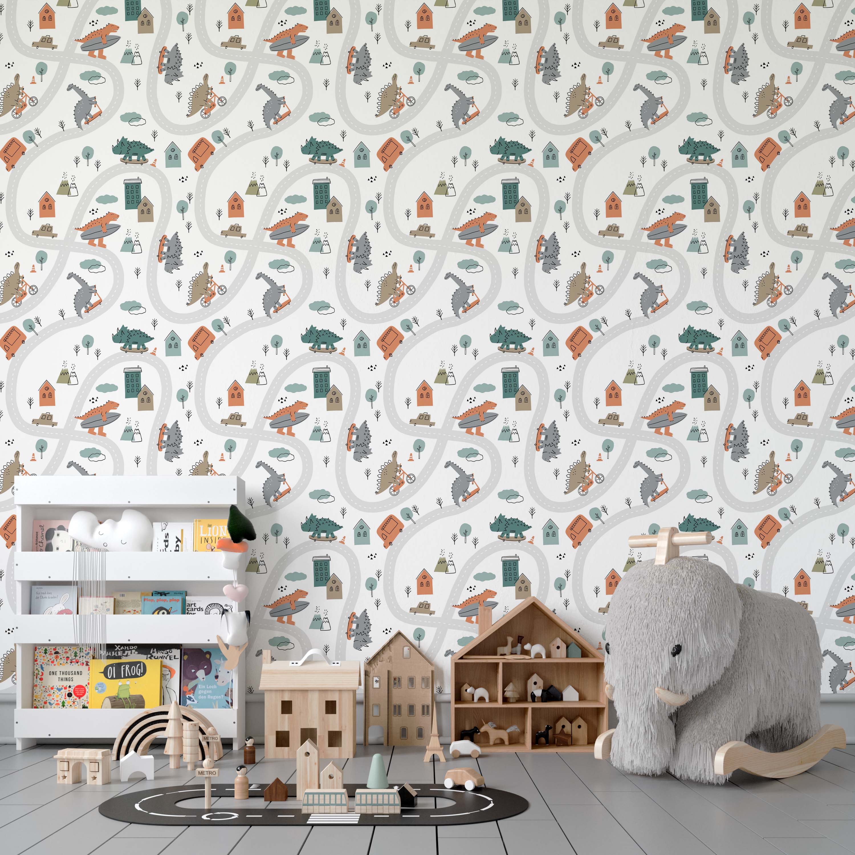 A playful wallpaper with cartoon dinosaurs on skateboards and bikes, driving on winding roads through a town with houses and trees.
