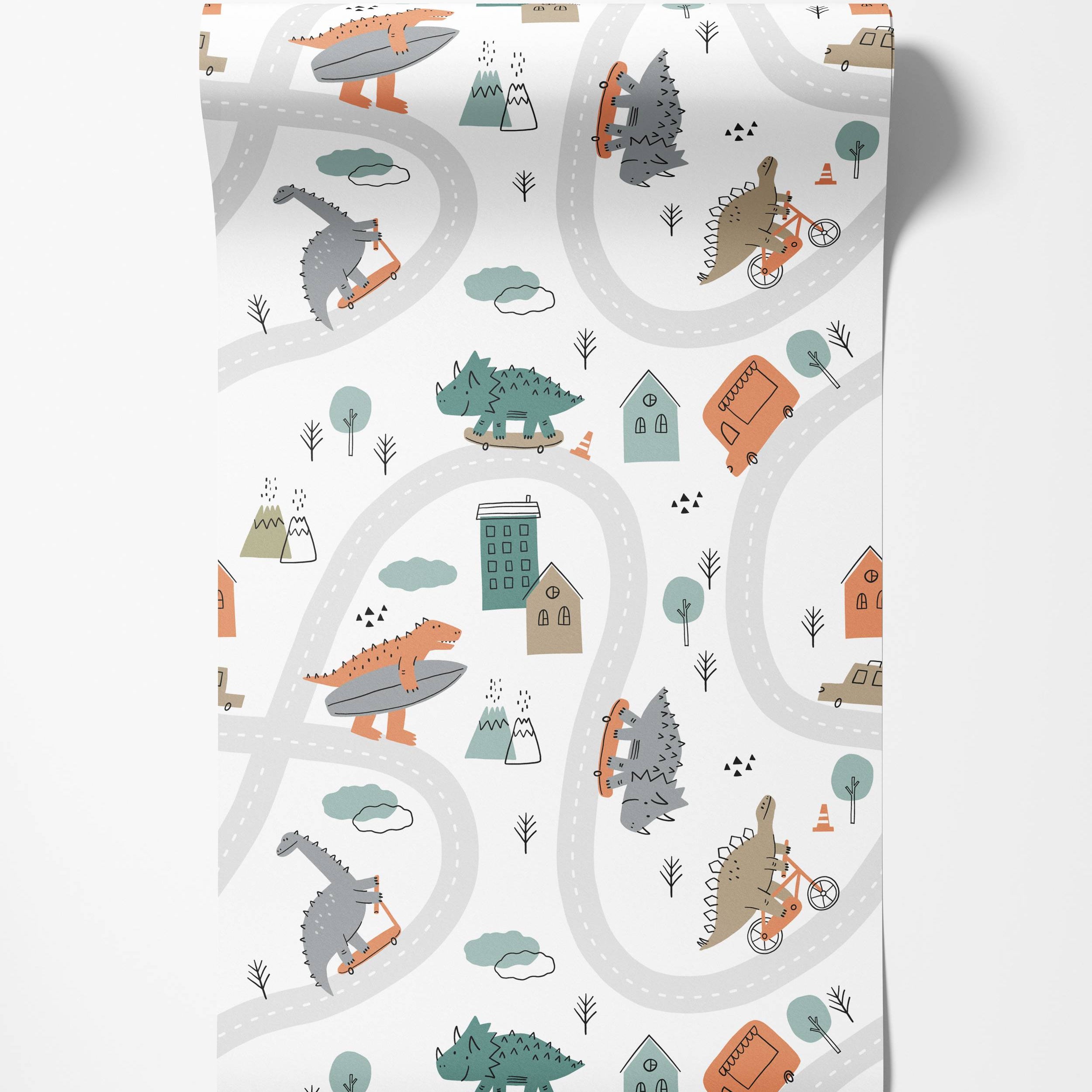 Playful kids wallpaper with cartoon dinosaurs skateboarding and biking on roads through a town. Muted orange, teal, and grey colors.