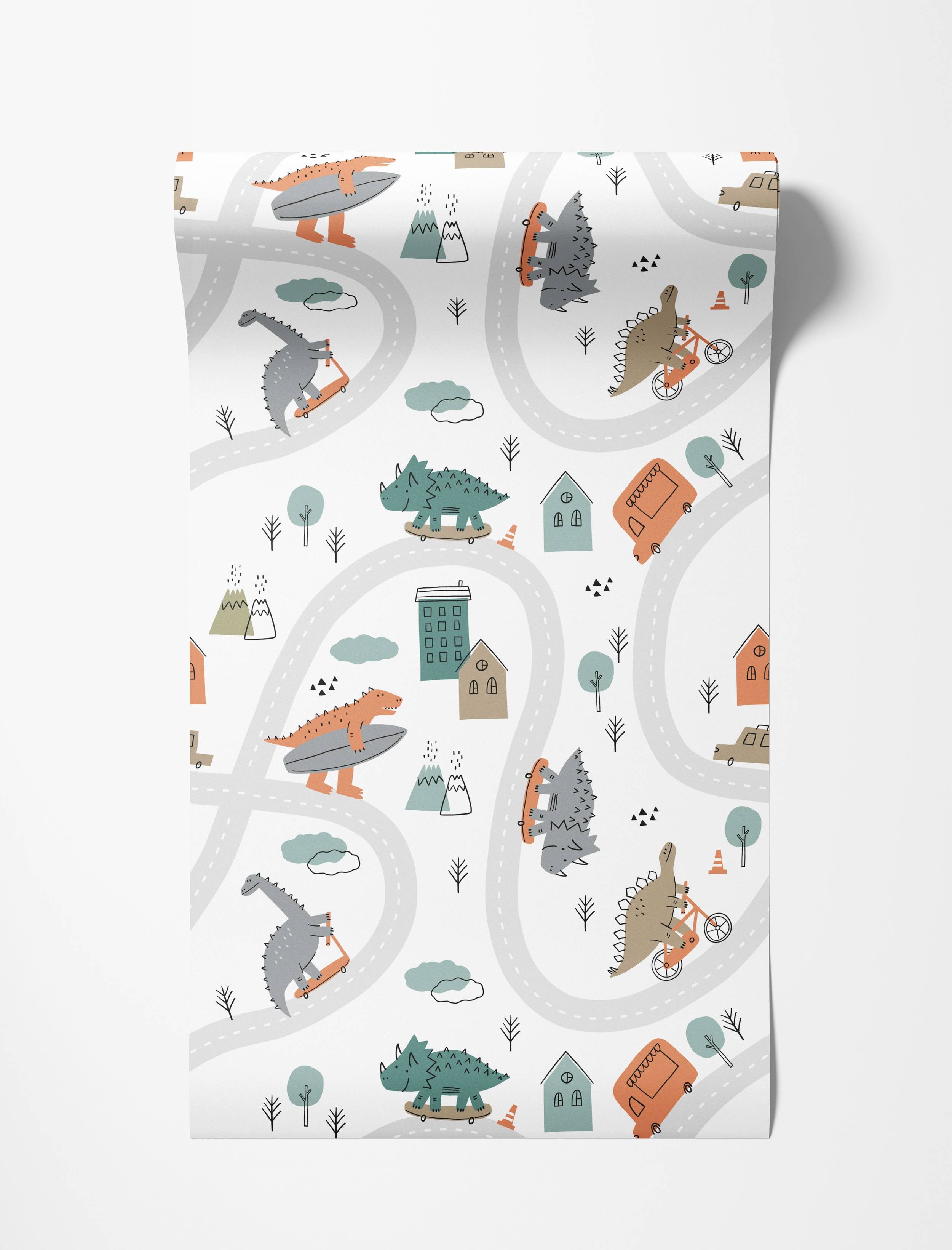 Playful kids wallpaper with cartoon dinosaurs skateboarding and biking on roads through a town. Muted orange, teal, and grey colors.