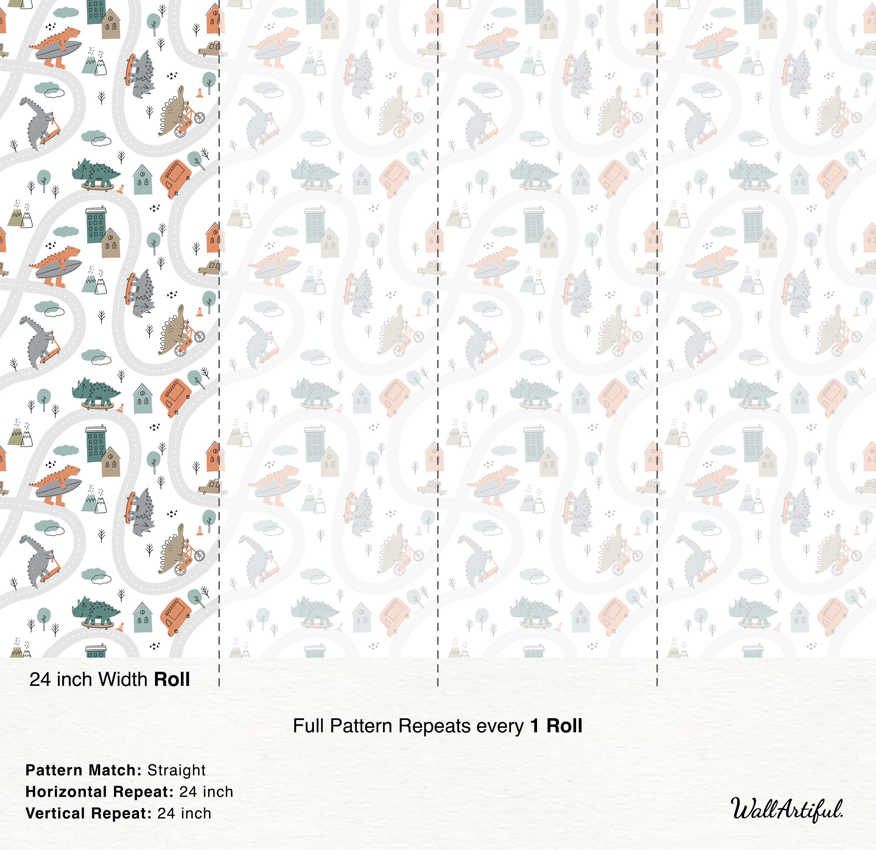 A whimsical kids wallpaper with cartoon dinosaurs skateboarding and biking on roads, in muted orange, green, and gray.