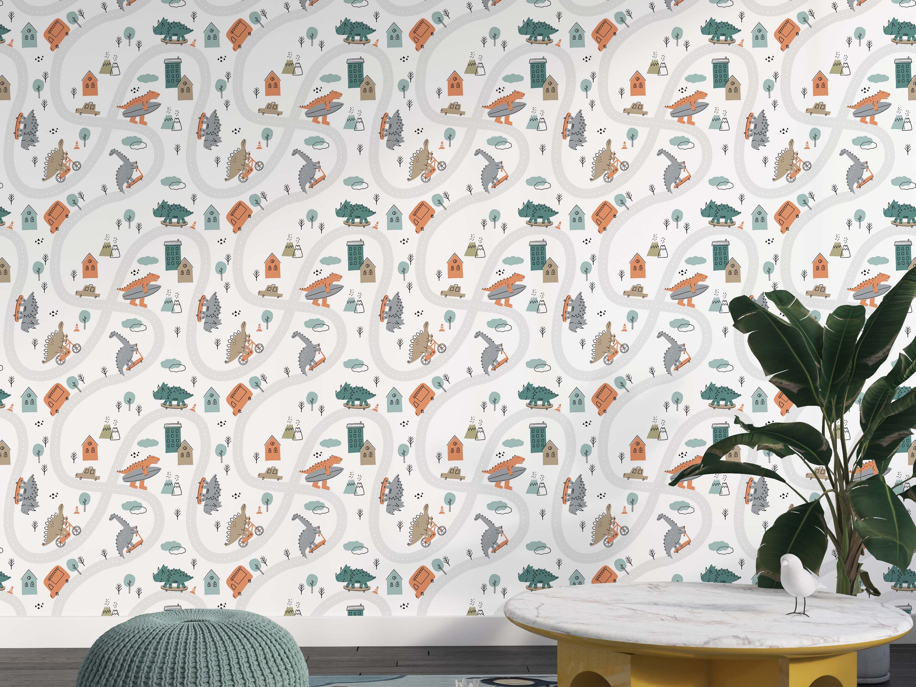 A playful kids wallpaper with cartoon dinosaurs on skateboards and bikes, riding on roads through a town of muted orange and teal houses.