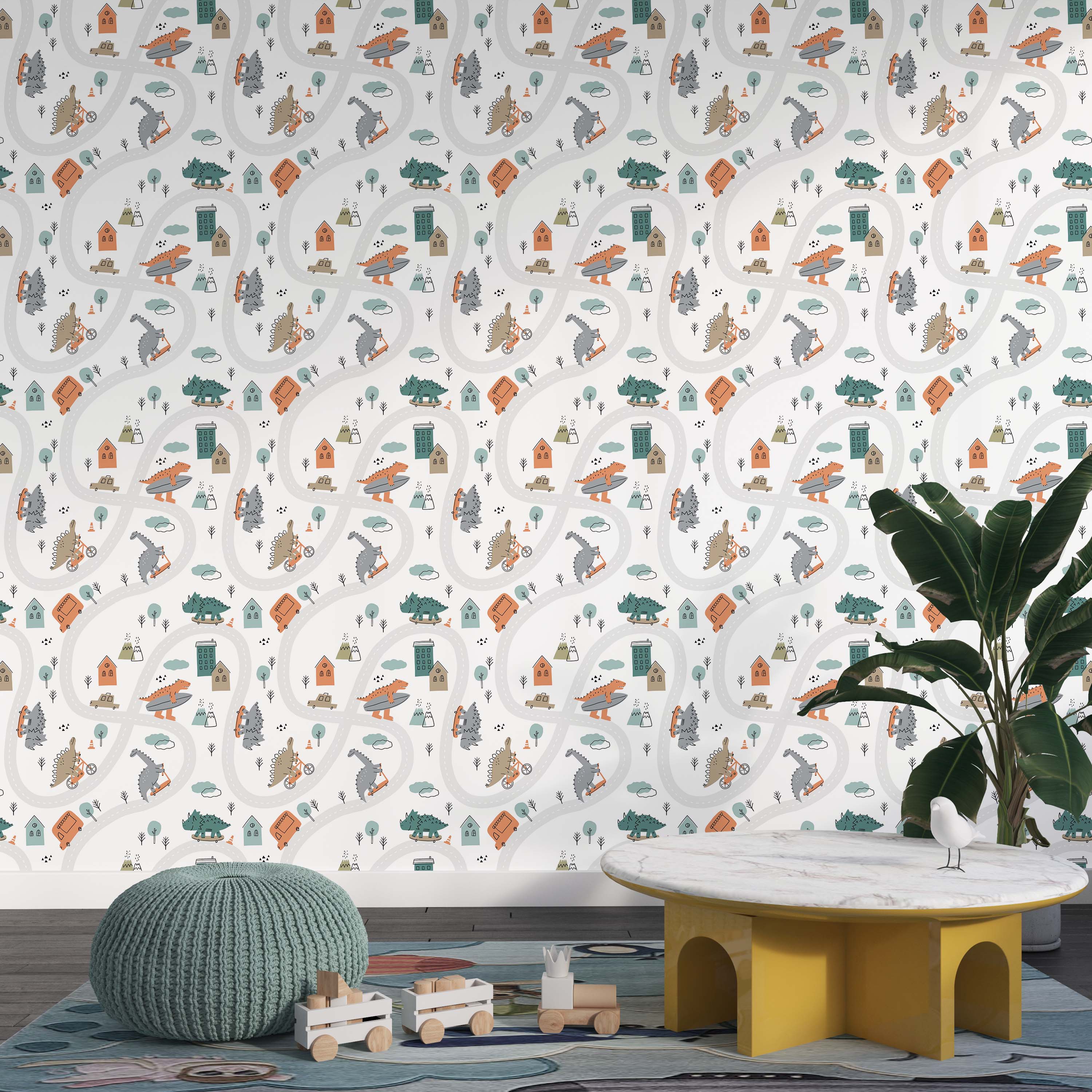 A playful kids wallpaper with cartoon dinosaurs on skateboards and bikes, riding on roads through a town of muted orange and teal houses.