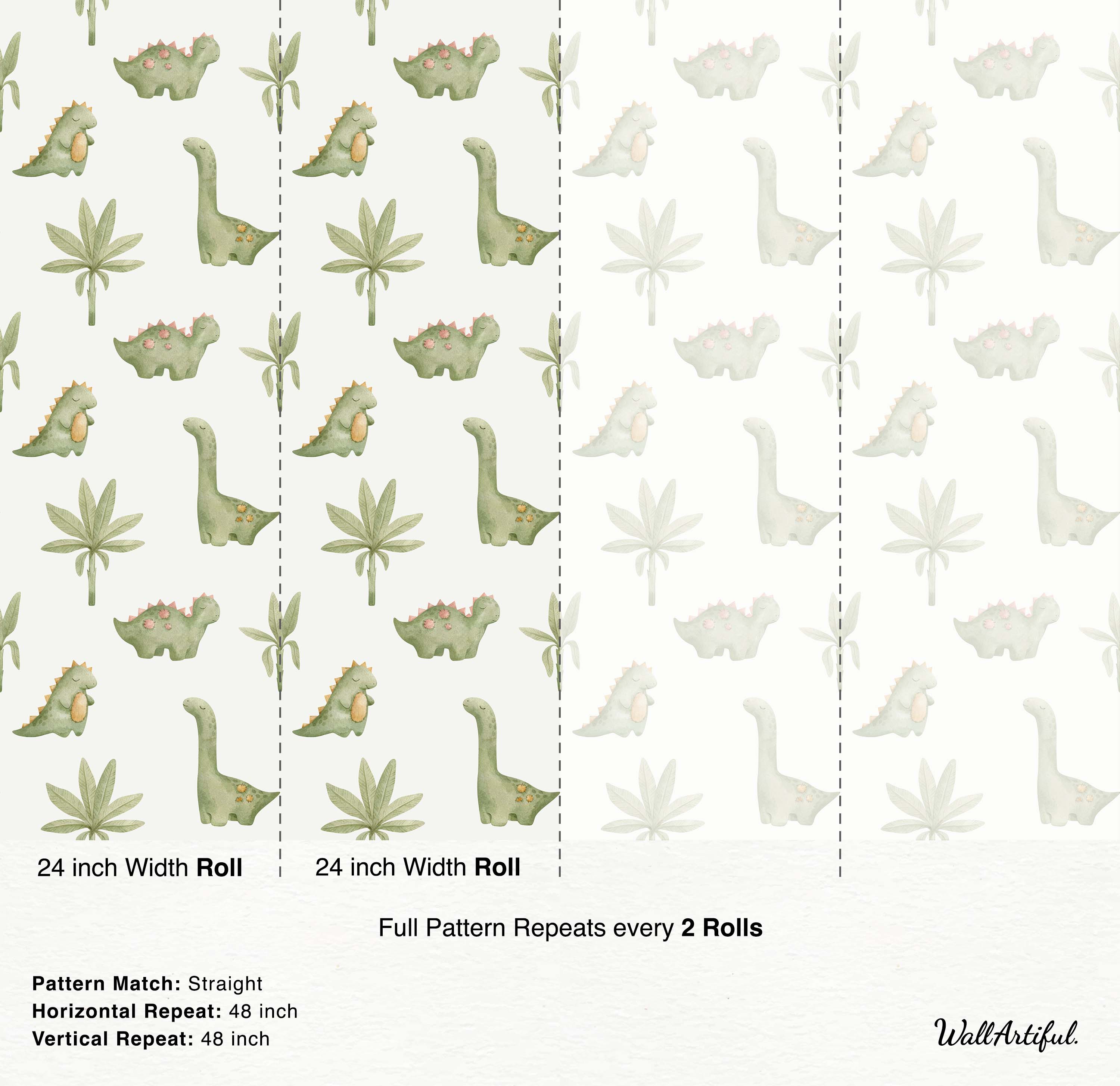 Watercolor wallpaper with a repeating pattern of green dinosaurs and tropical foliage on a light cream background.
