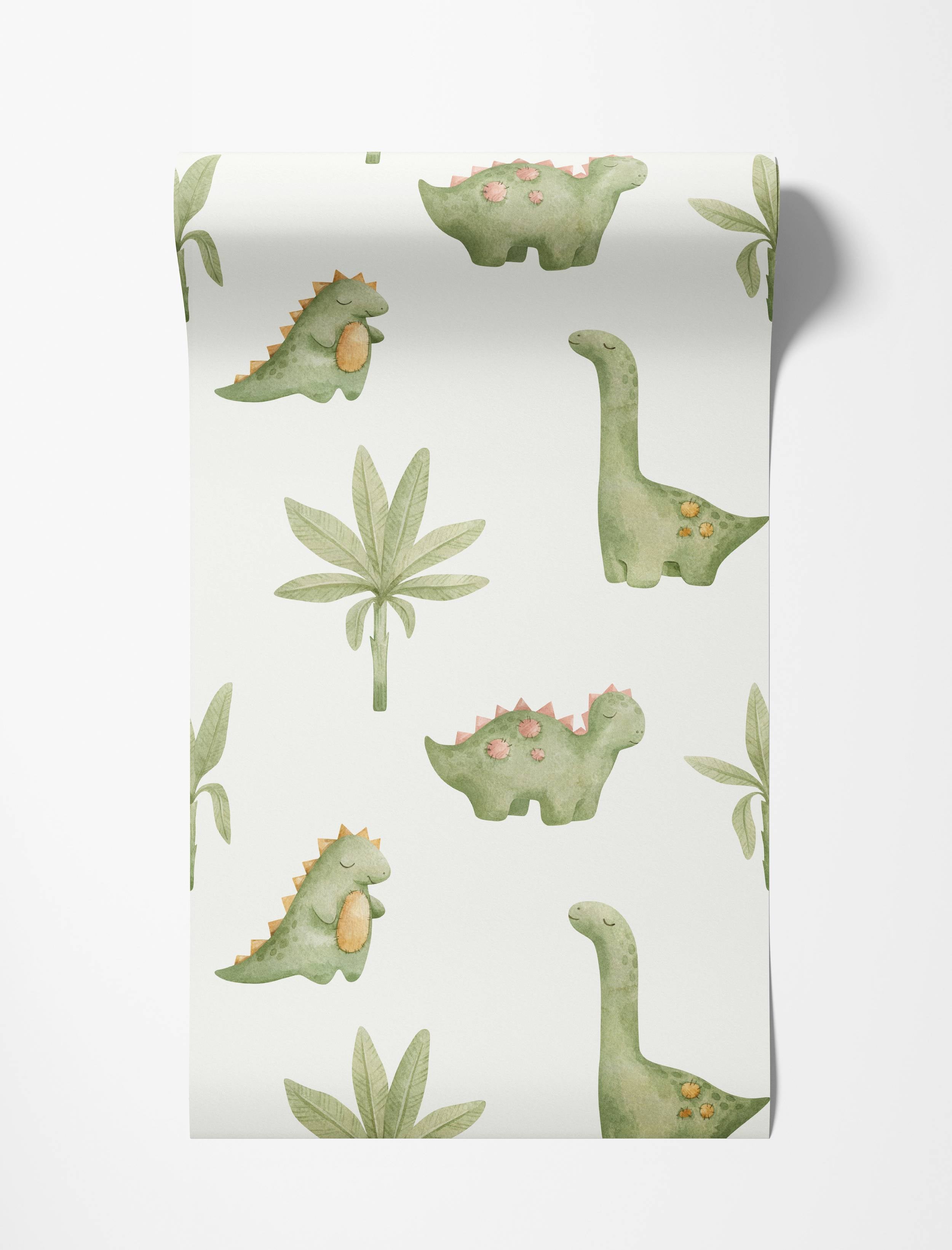 Watercolor wallpaper with a playful pattern of green dinosaurs and palm-like plants with orange accents on a white background.