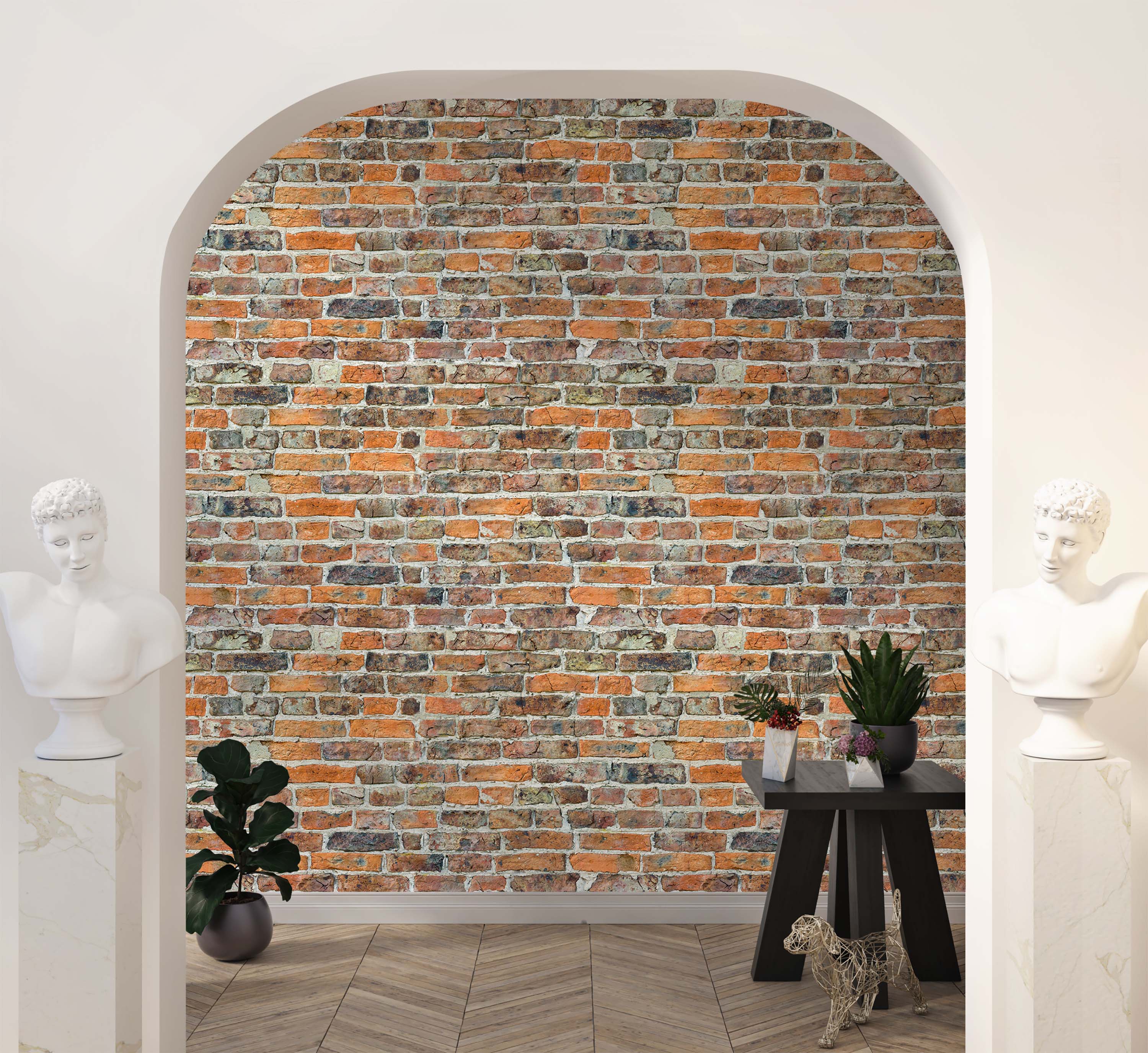 Wallpaper with a realistic, distressed brick pattern in varied shades of red, orange, and dark brown with light gray mortar.