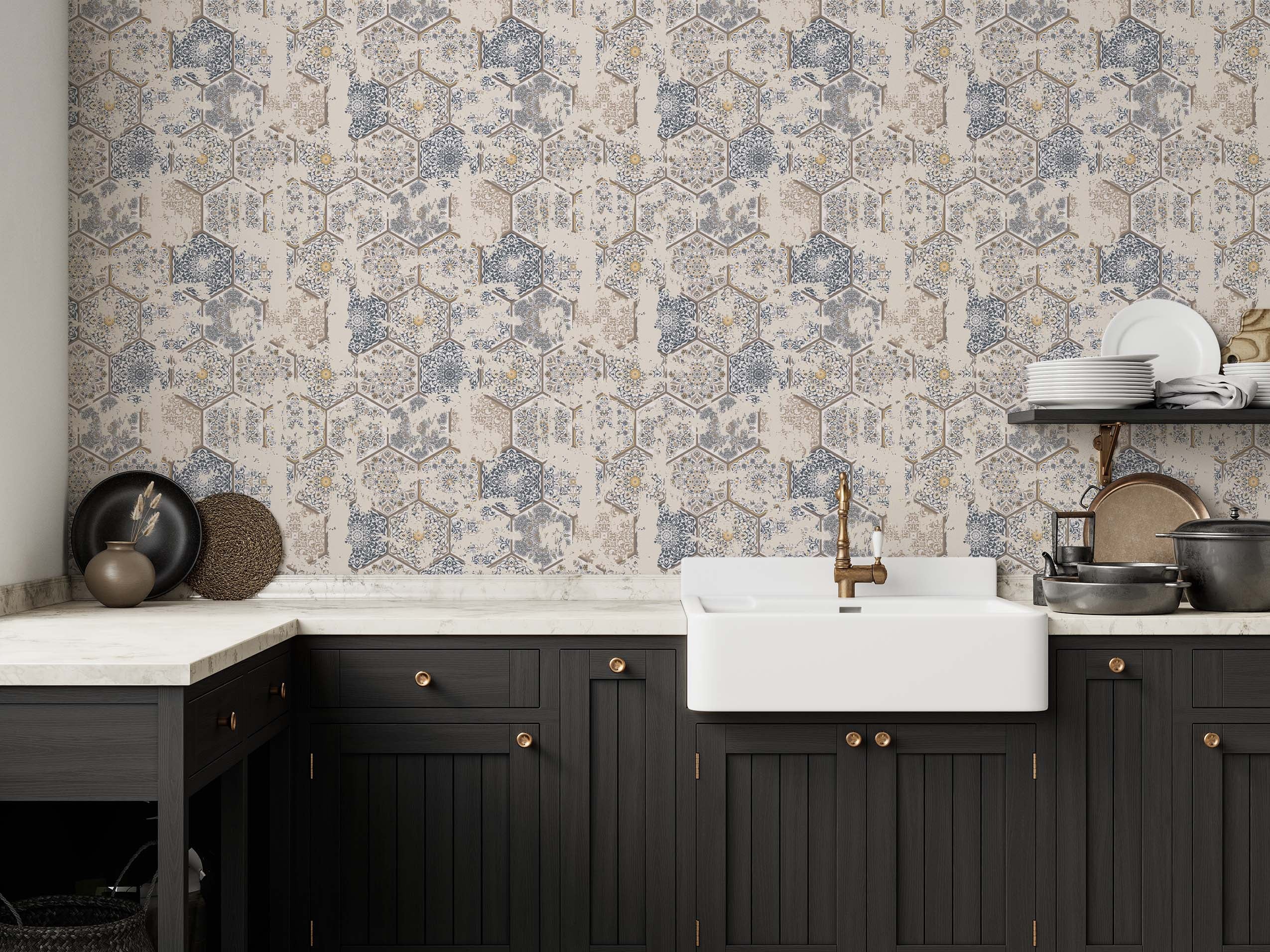 Weathered wallpaper with a hexagonal tile pattern in blue, brown, and beige, detailed with yellow accents and geometric floral designs.