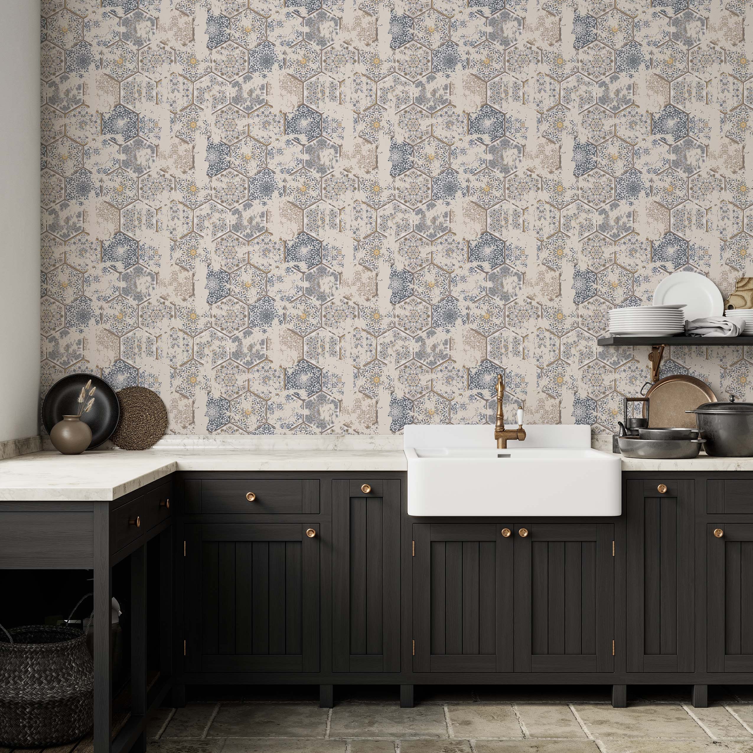 Weathered wallpaper with a hexagonal tile pattern in blue, brown, and beige, detailed with yellow accents and geometric floral designs.