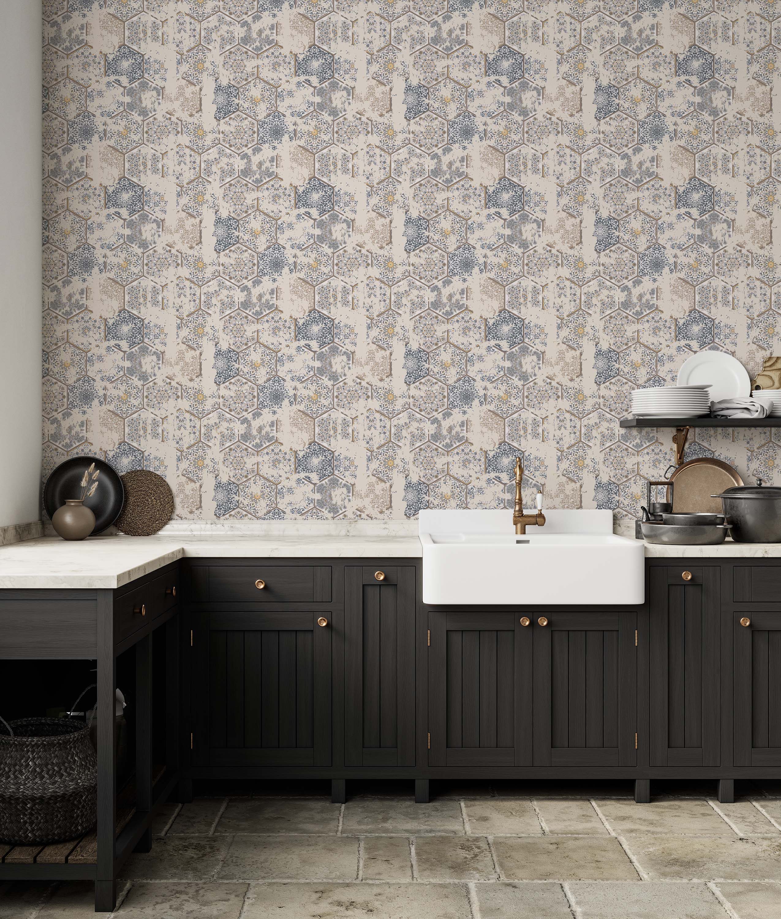 Weathered wallpaper with a hexagonal tile pattern in blue, brown, and beige, detailed with yellow accents and geometric floral designs.
