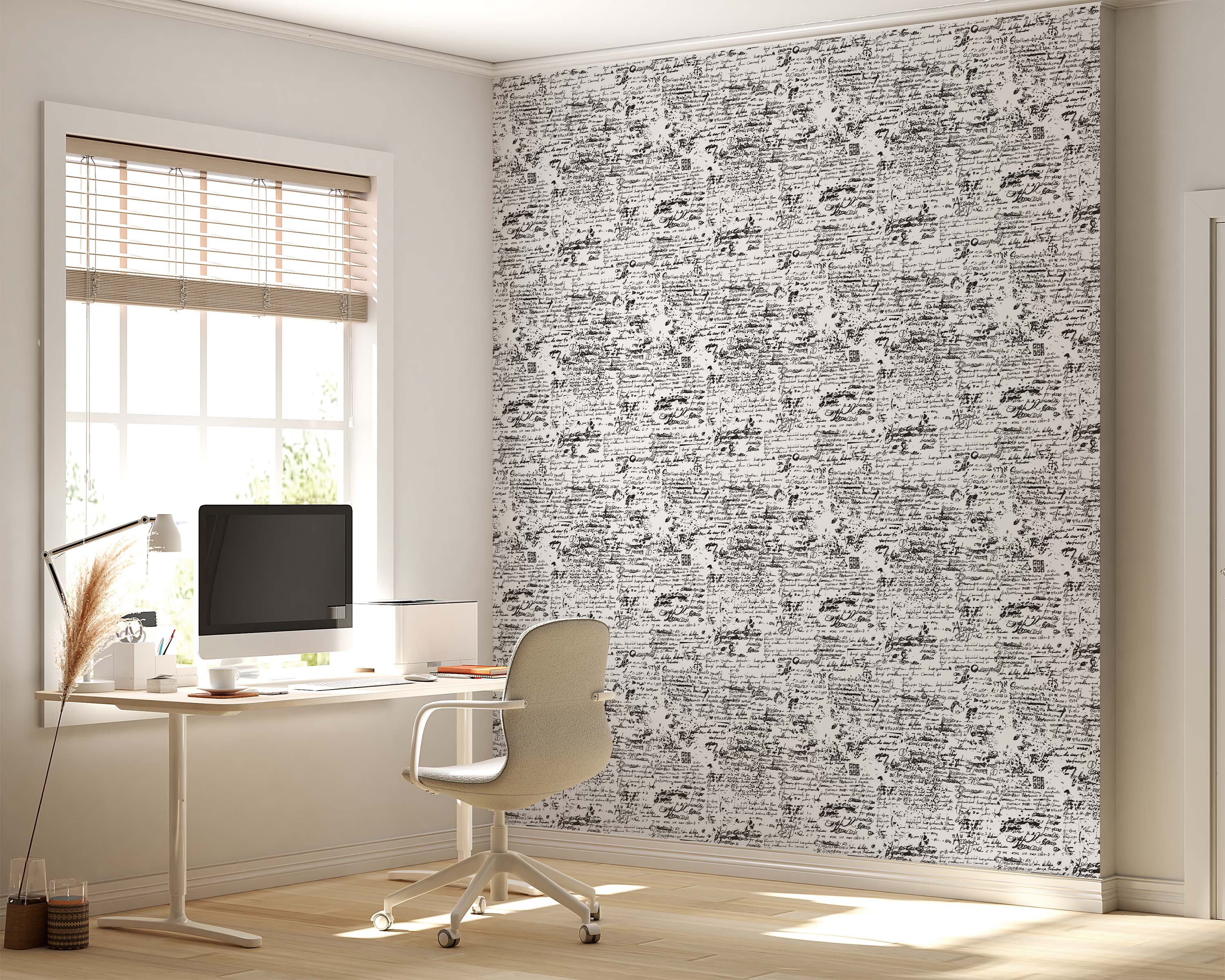 Wallpaper with a repeating pattern of distressed black script, resembling old handwriting, on a white background.