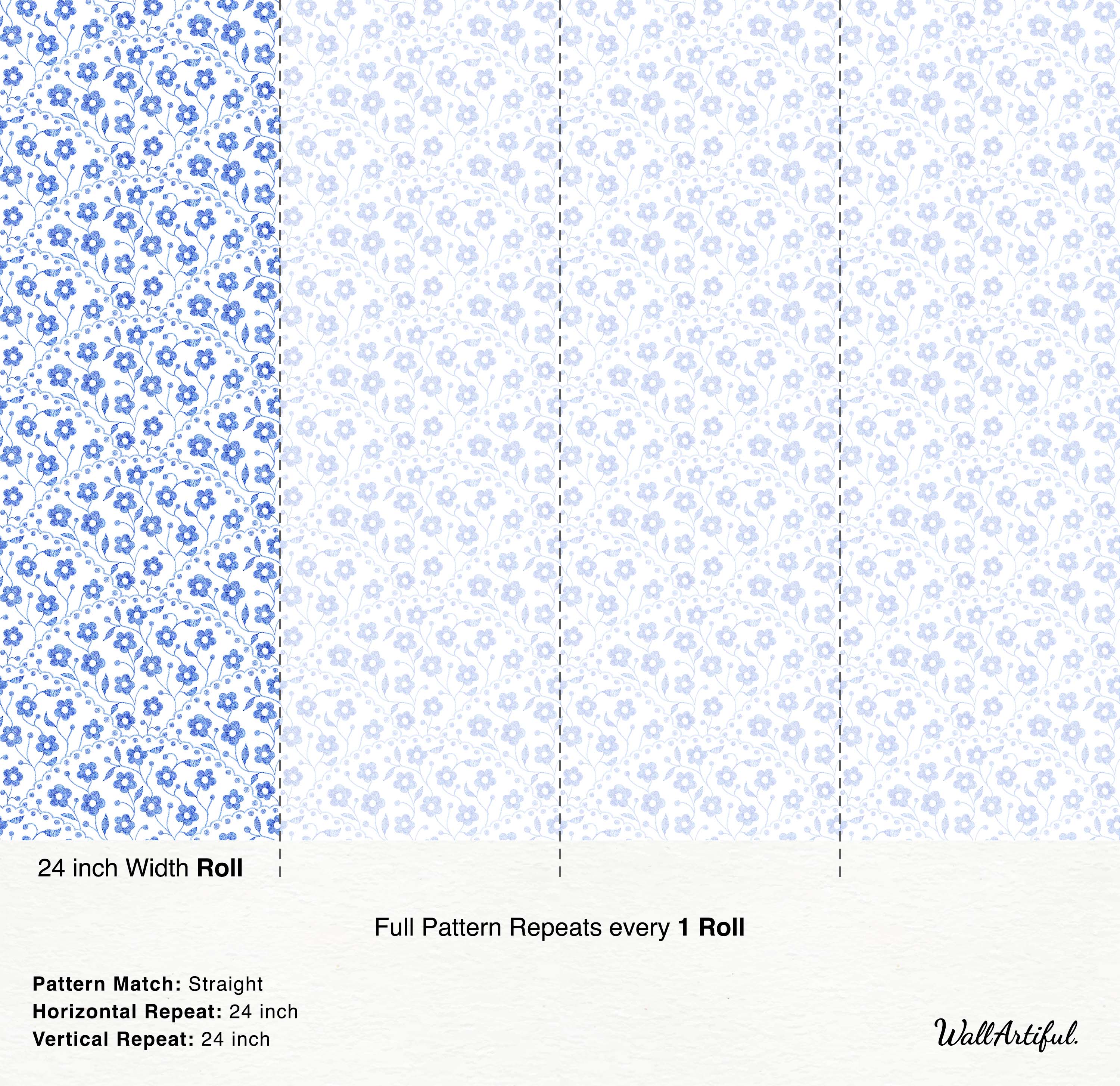 A ditsy wallpaper pattern featuring small, textured blue flowers and leaves arranged in scalloped rows on a white background.