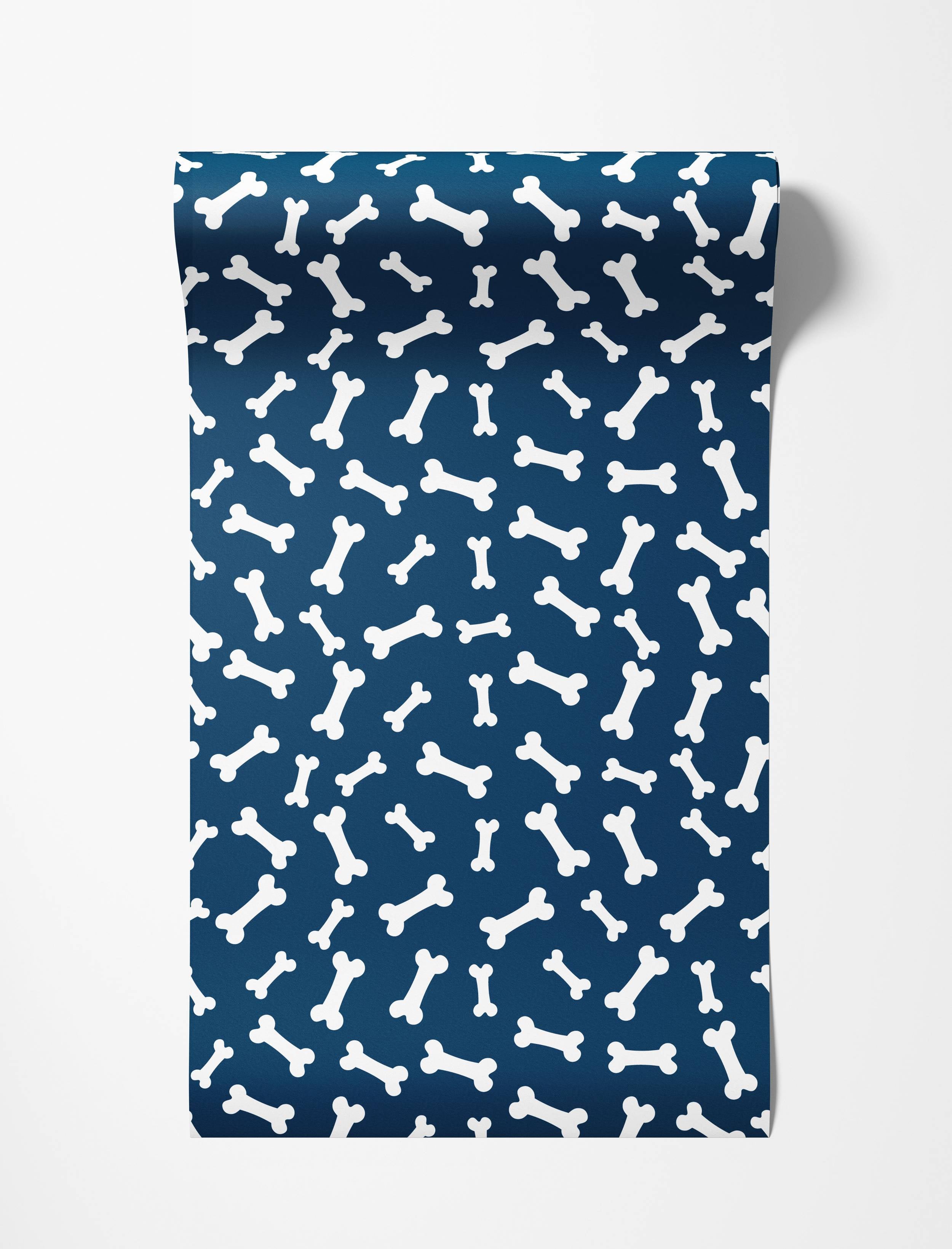 A playful wallpaper featuring a scattered pattern of white cartoon dog bones on a dark blue background.