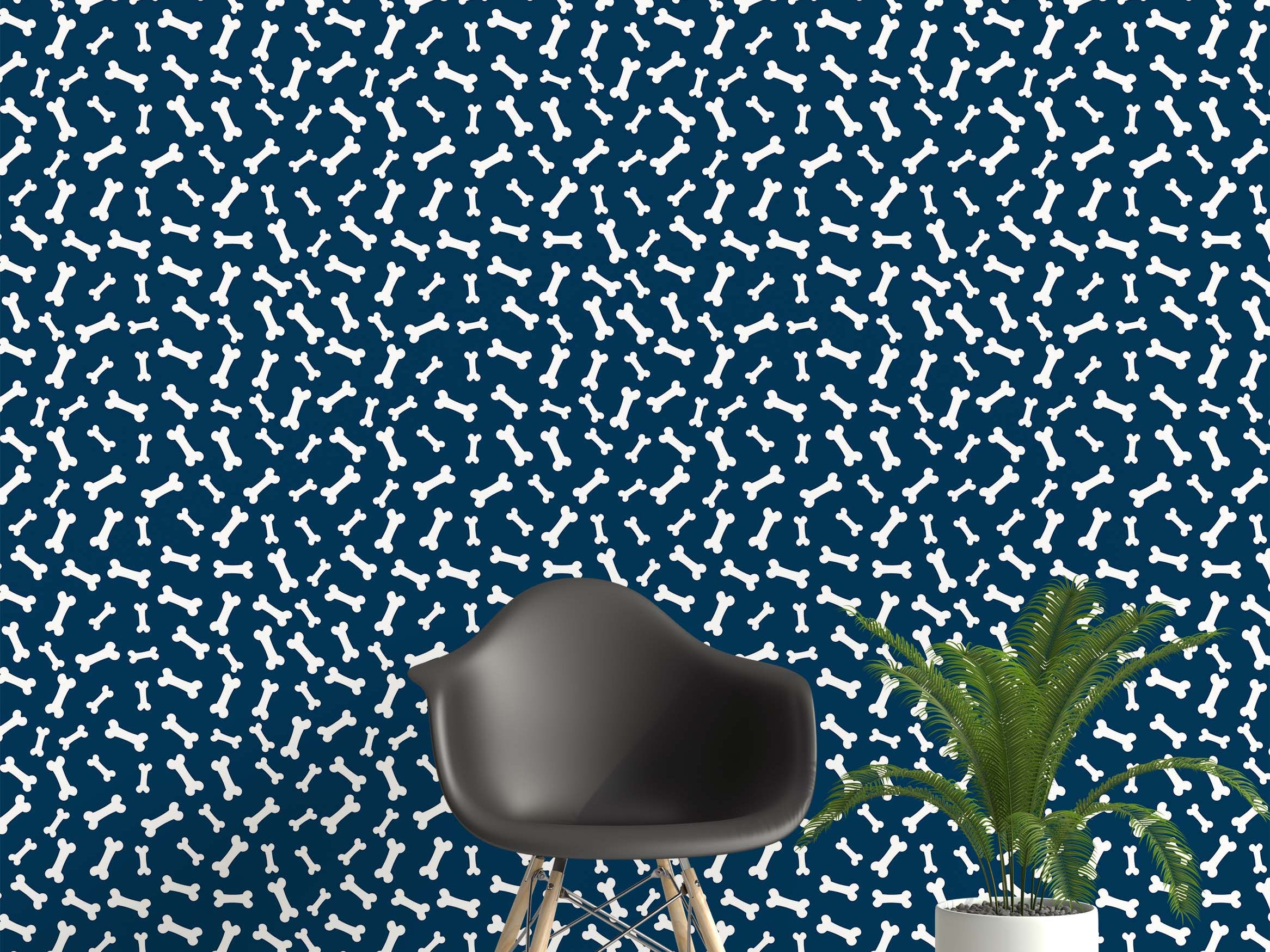 Playful wallpaper featuring a pattern of scattered white dog bones on a dark blue background.