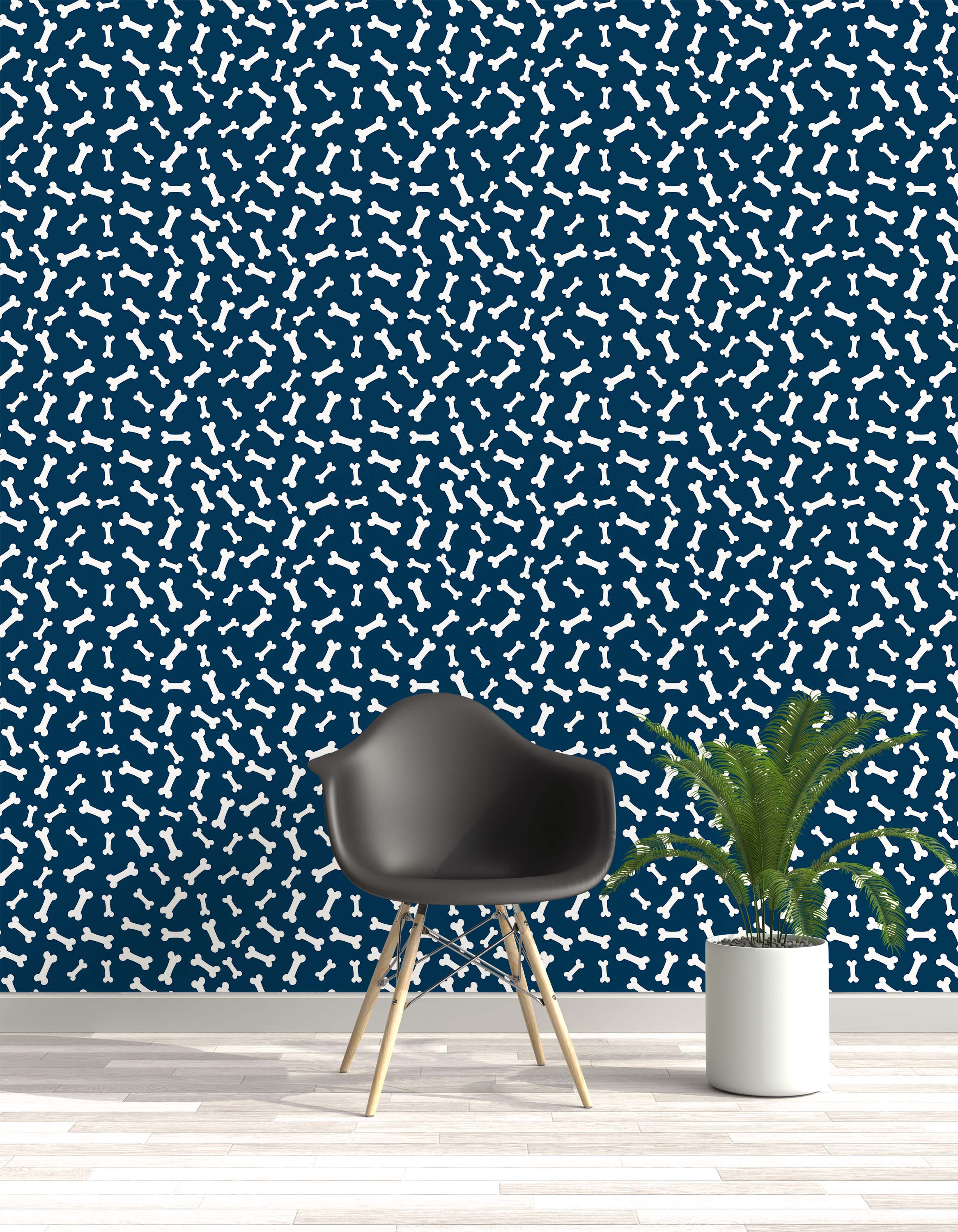 Playful wallpaper featuring a pattern of scattered white dog bones on a dark blue background.