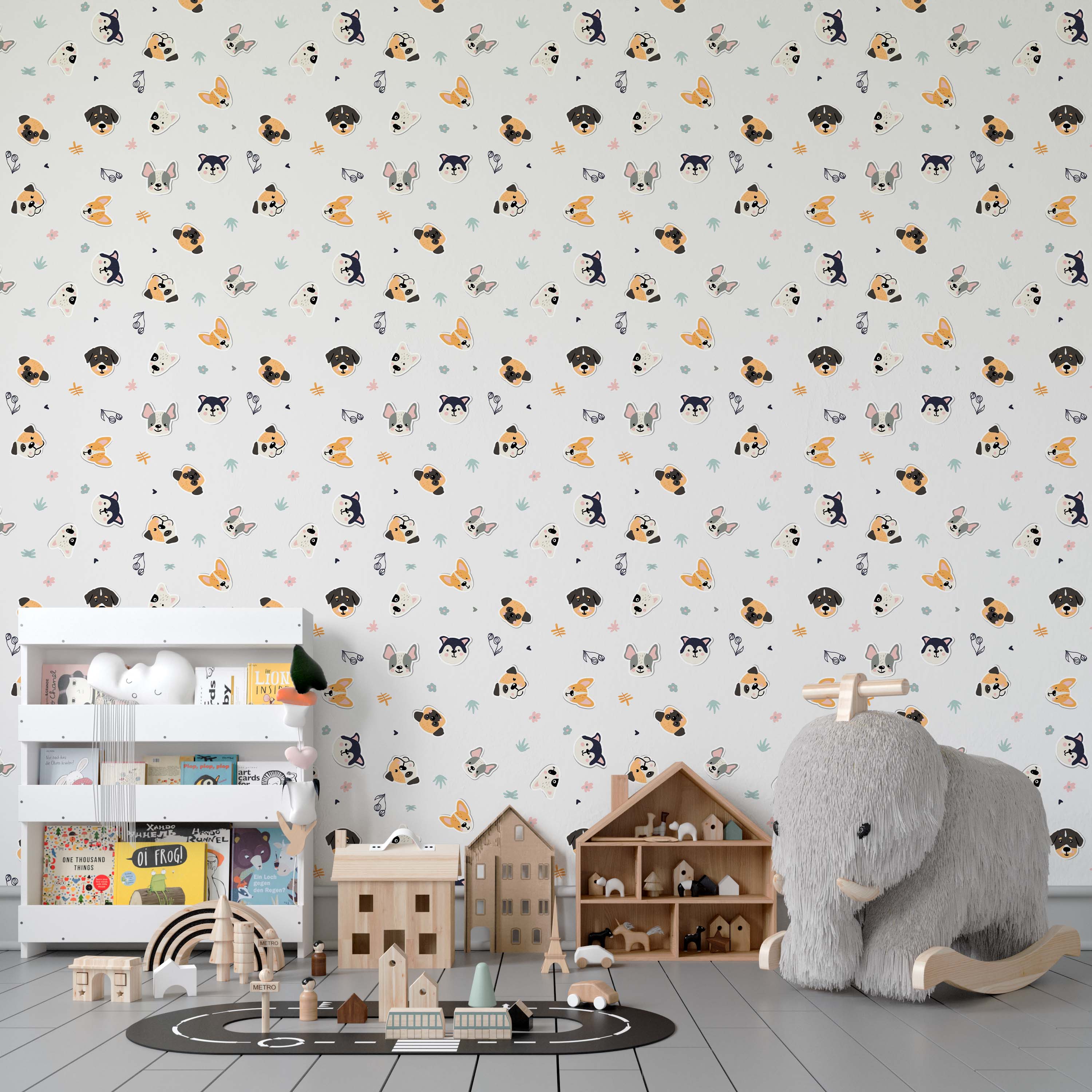 A playful wallpaper with a pattern of assorted cartoon dog faces in orange, black, and gray on a white background.