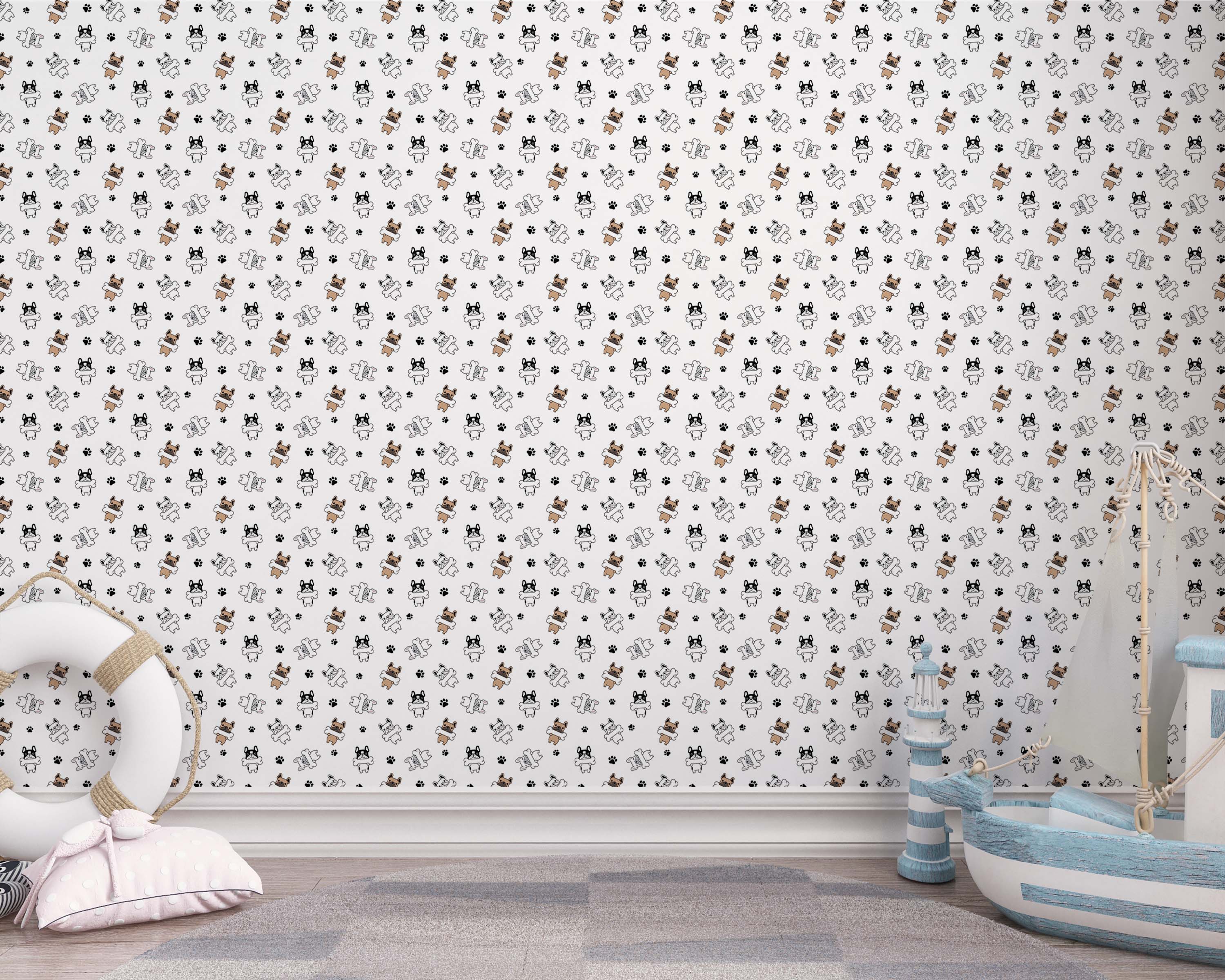 A cute wallpaper with a pattern of cartoon French bulldogs in brown and black, holding bones, scattered with paw prints.