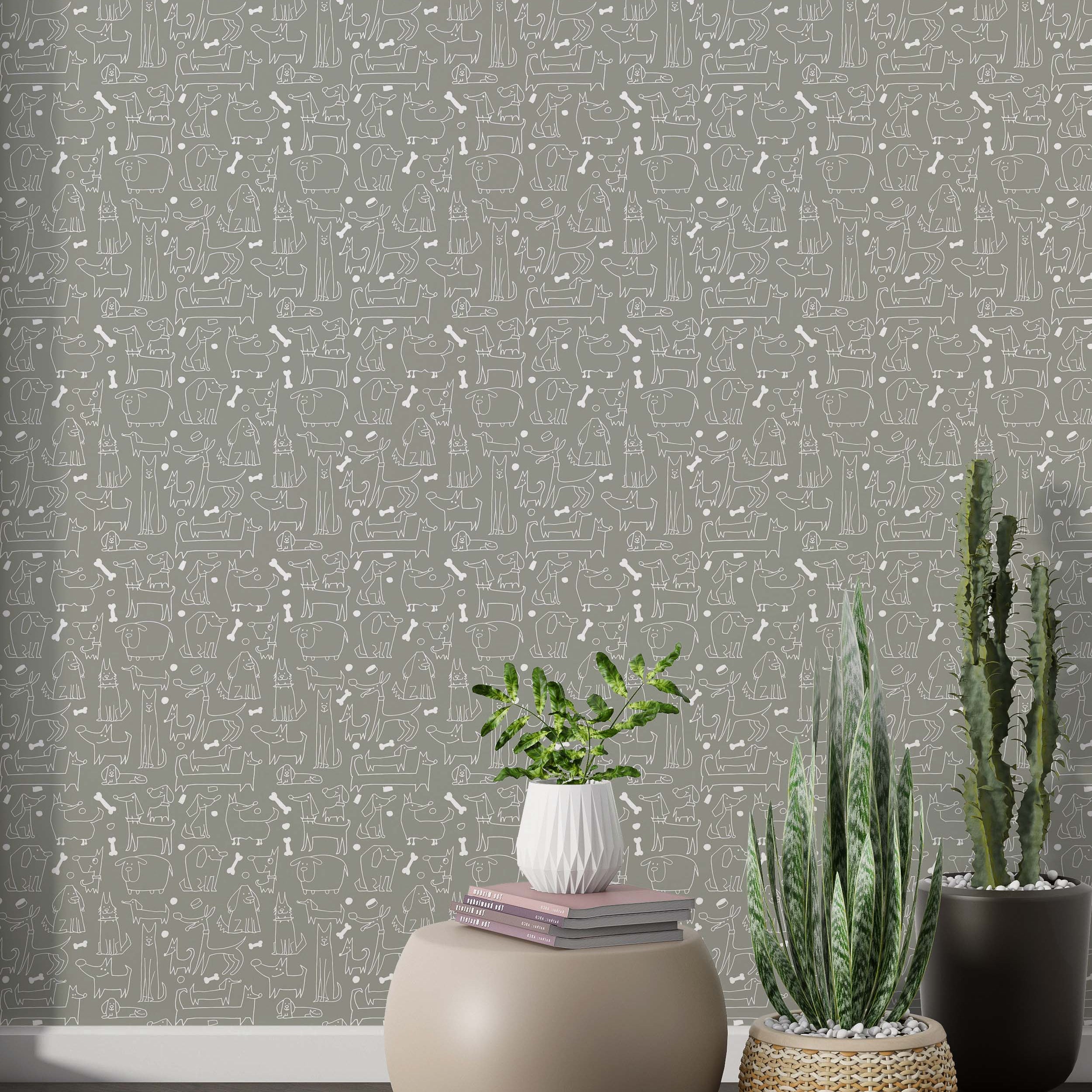 Whimsical dog wallpaper with white line art illustrations of various breeds on a solid gray background.