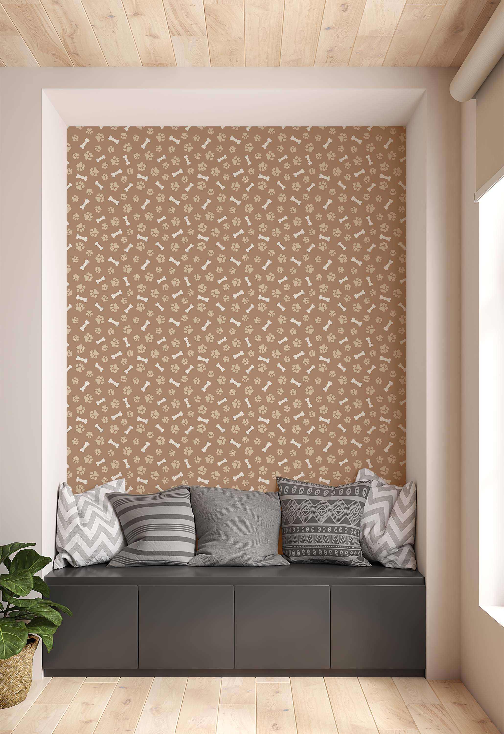 Wallpaper with a repeating pattern of beige dog paw prints and bones on a light brown background.