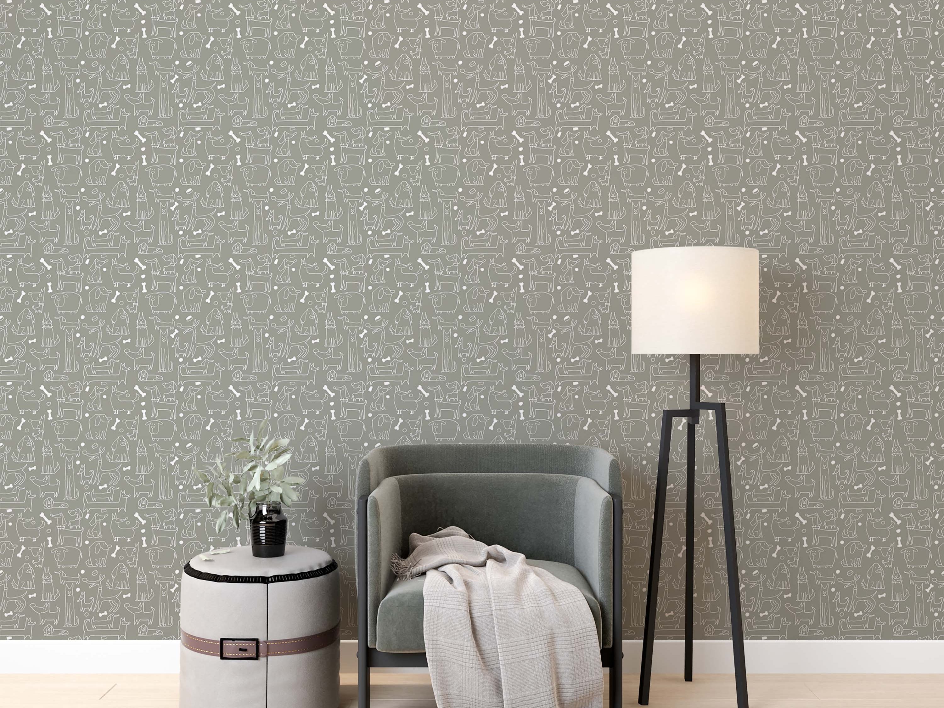 Whimsical wallpaper featuring white line-art illustrations of various dog breeds and bones on a neutral gray background.