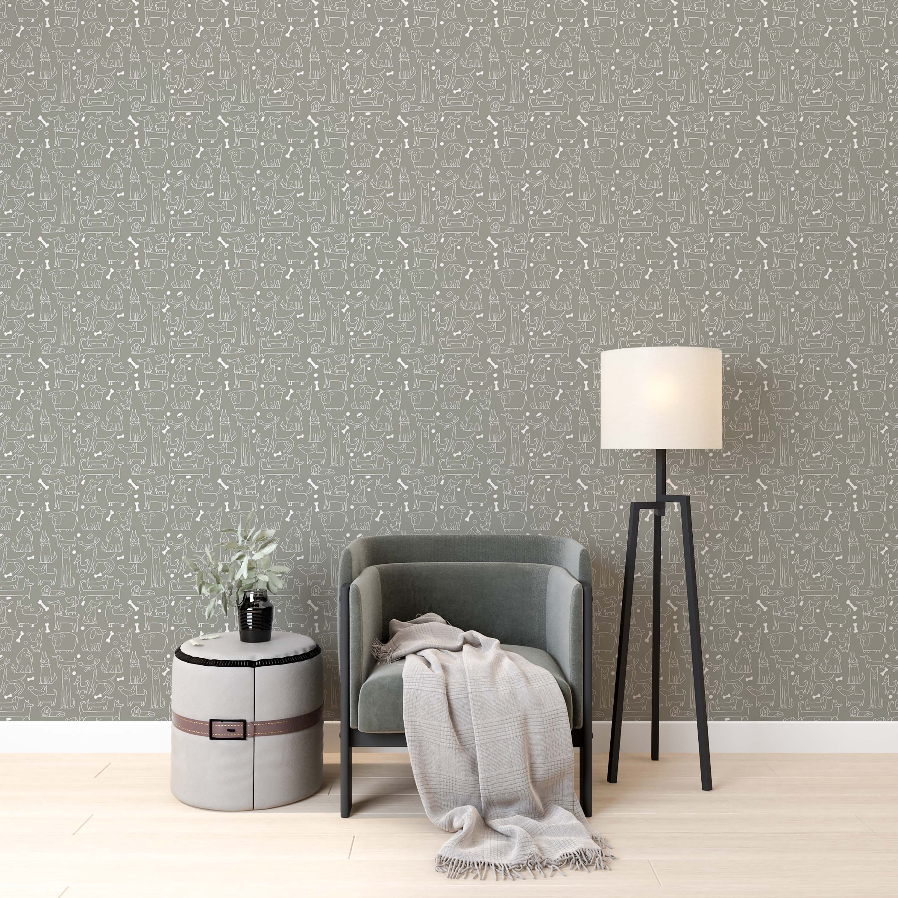 Whimsical wallpaper featuring white line-art illustrations of various dog breeds and bones on a neutral gray background.