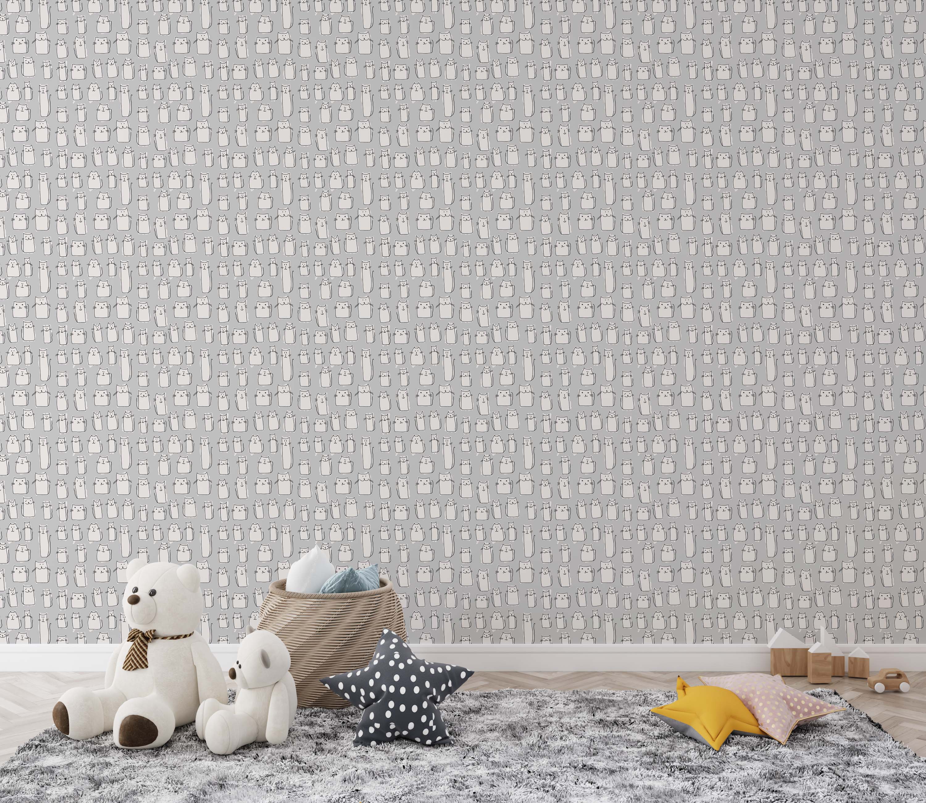 A playful wallpaper with a pattern of hand-drawn white cats with black outlines on a solid gray background.